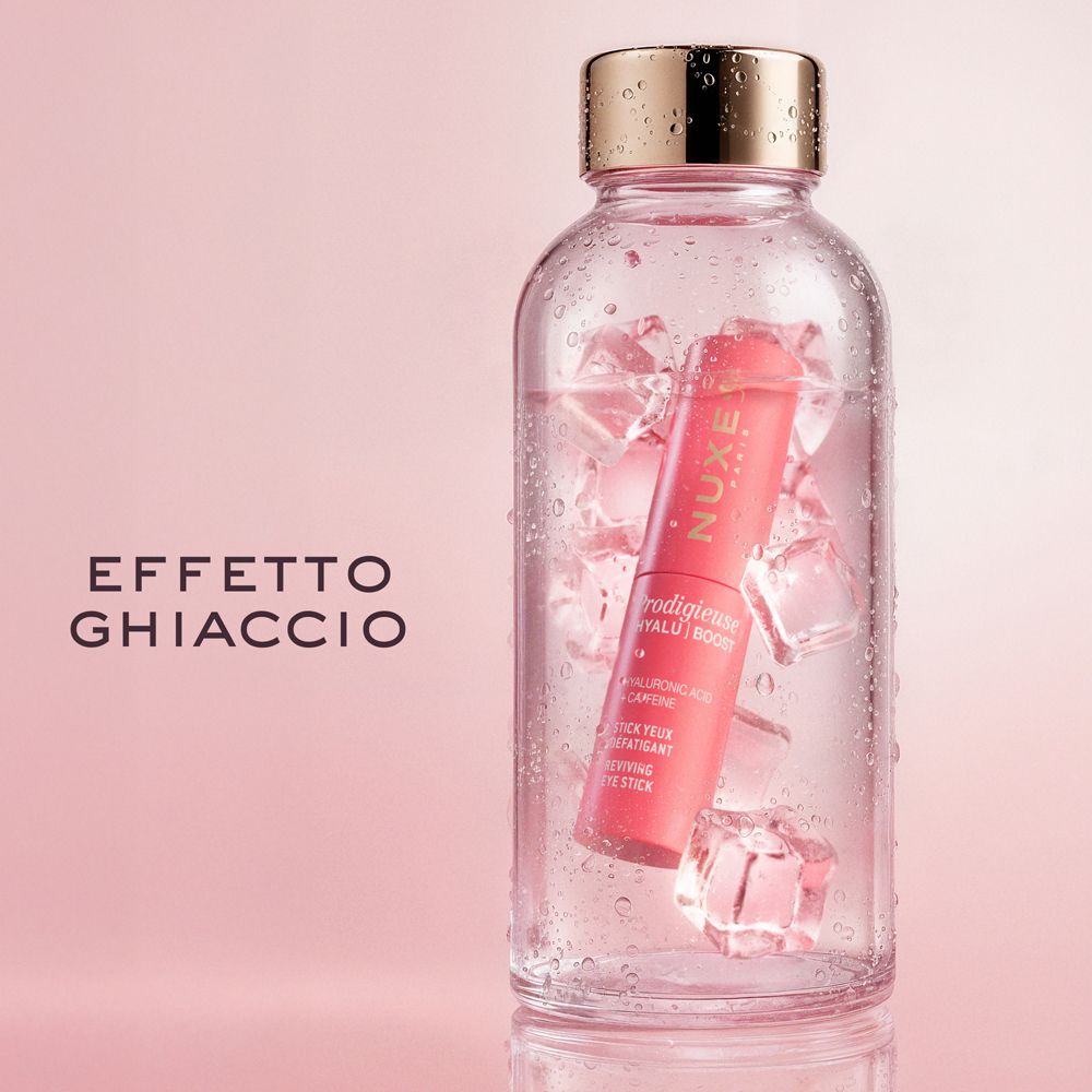 Stick rosa in bottiglia di vetro con cubetti di ghiaccio. Tappo dorato. Scritta: Effetto Ghiaccio.