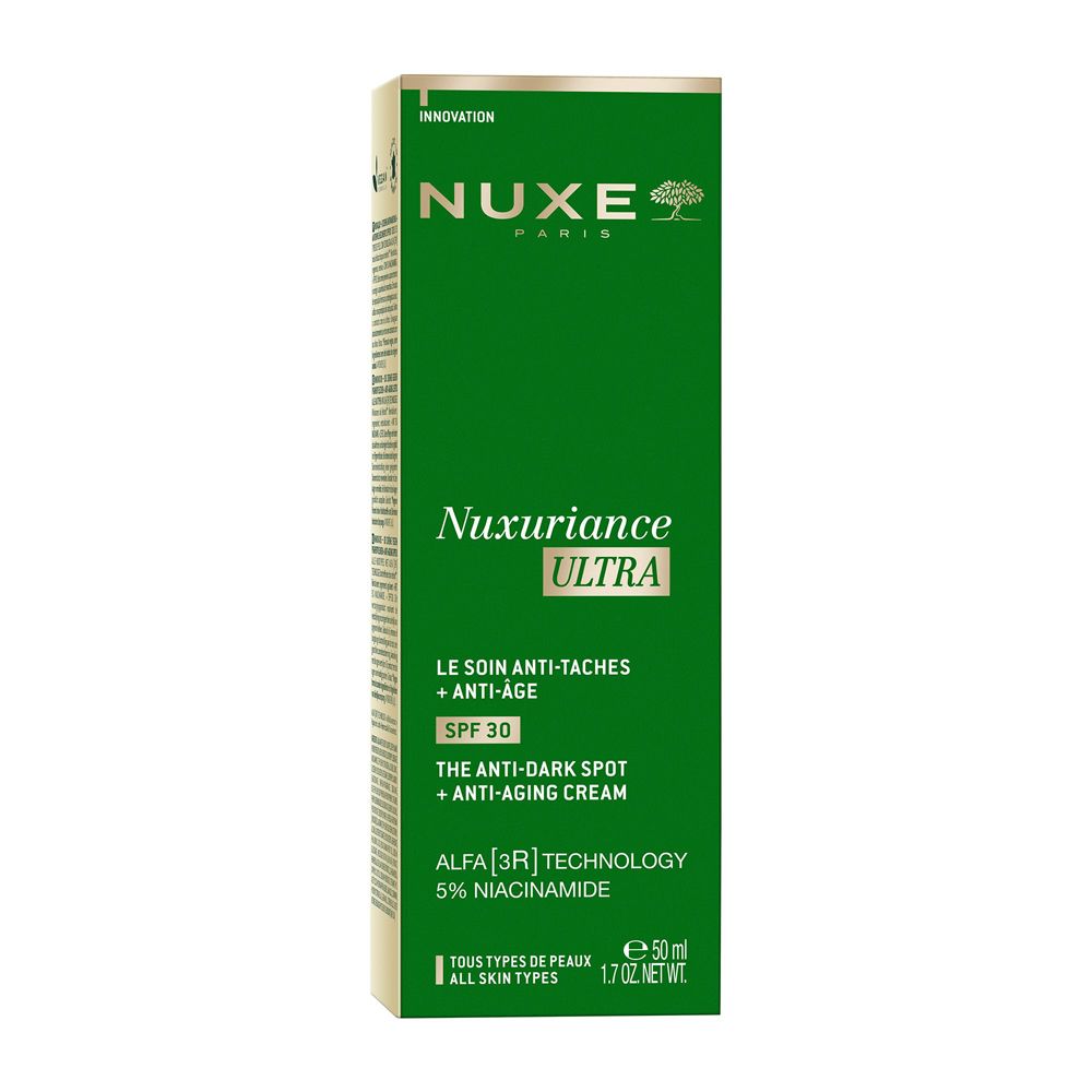 Confezione verde con logo Nuxe e nome del prodotto. Contiene crema anti-età e anti-macchie con SPF30.
