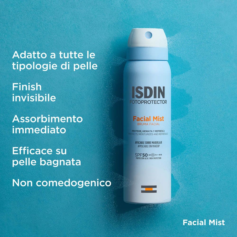 ISDIN Fotoprotector Bruma Viso SPF 50. Flacone spray blu. Testo in italiano. Nome e SPF 50 visibili.