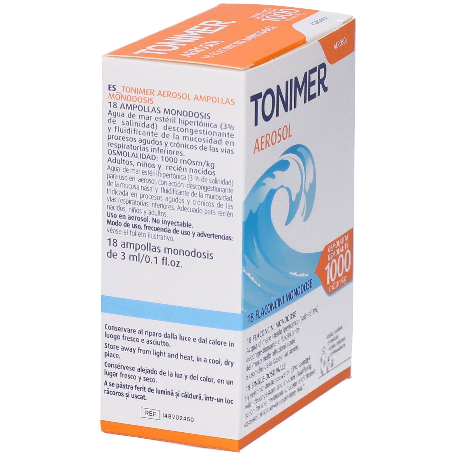 Lato scatola Tonimer Aerosol. Contiene 18 ampolle. Osmolarità 1000 mOsm/kg. Onde blu.