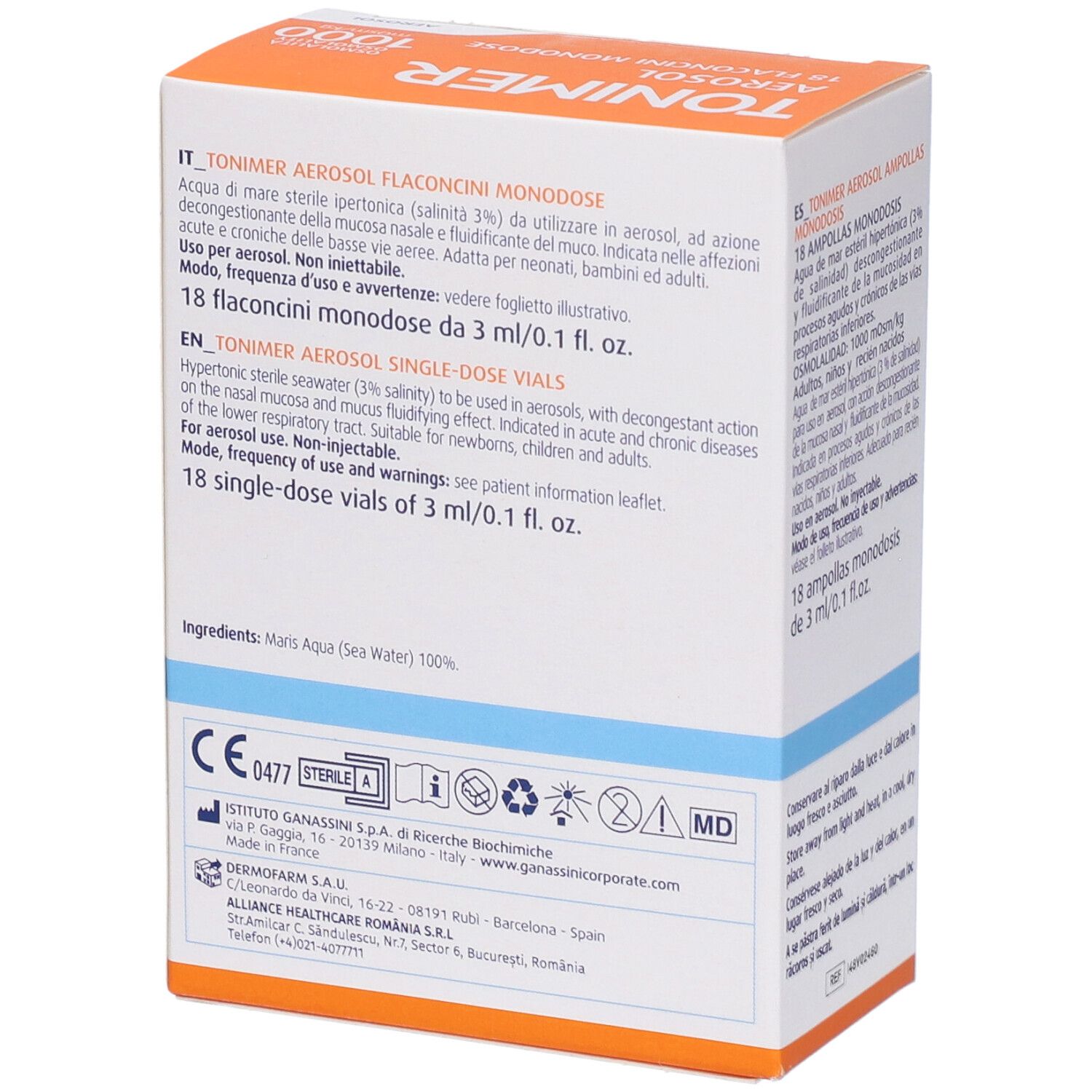 Retro confezione Tonimer Aerosol. Testo multilingue. Marchio CE e altri simboli.