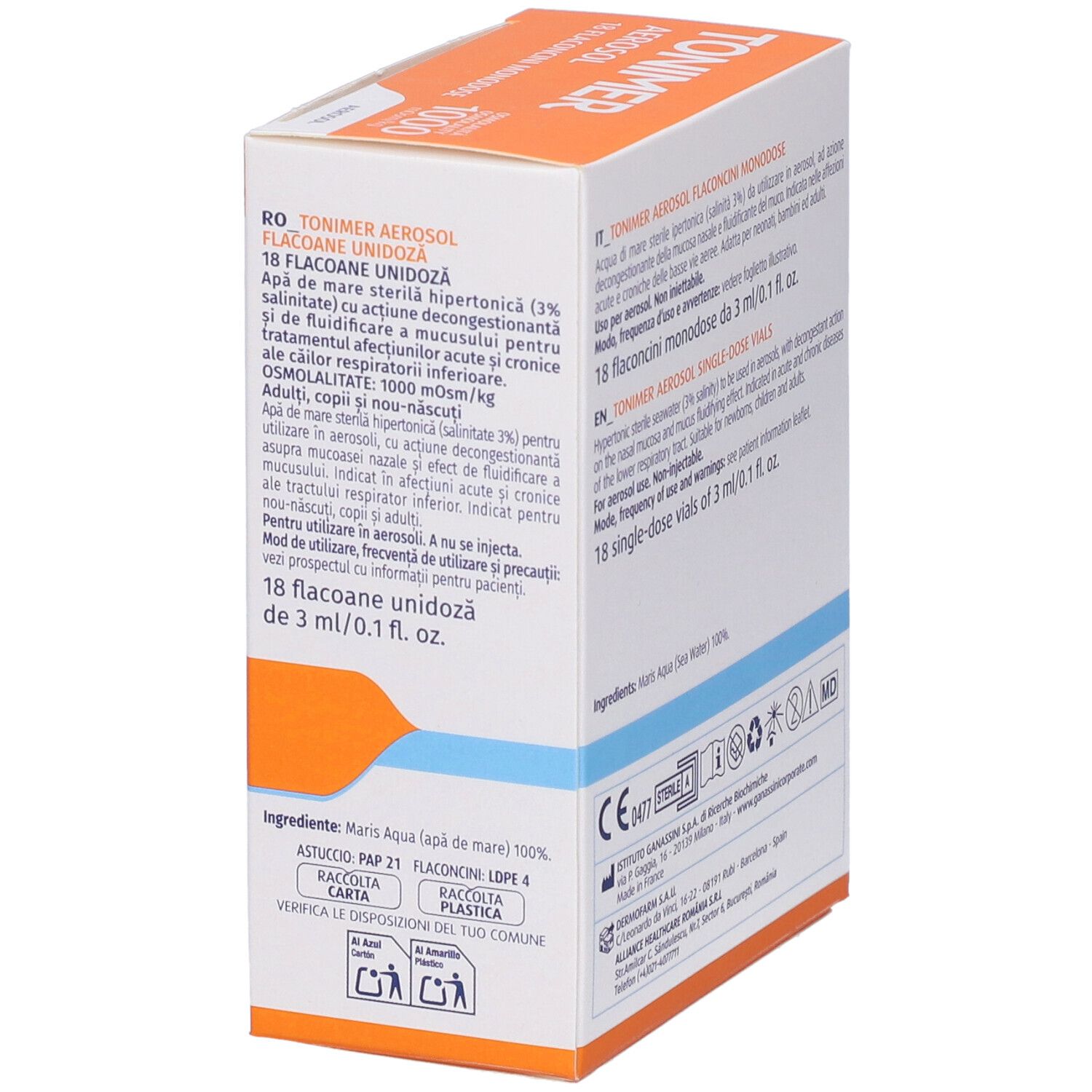 Lato confezione Tonimer Aerosol. Testo multilingue. Simboli di riciclaggio.