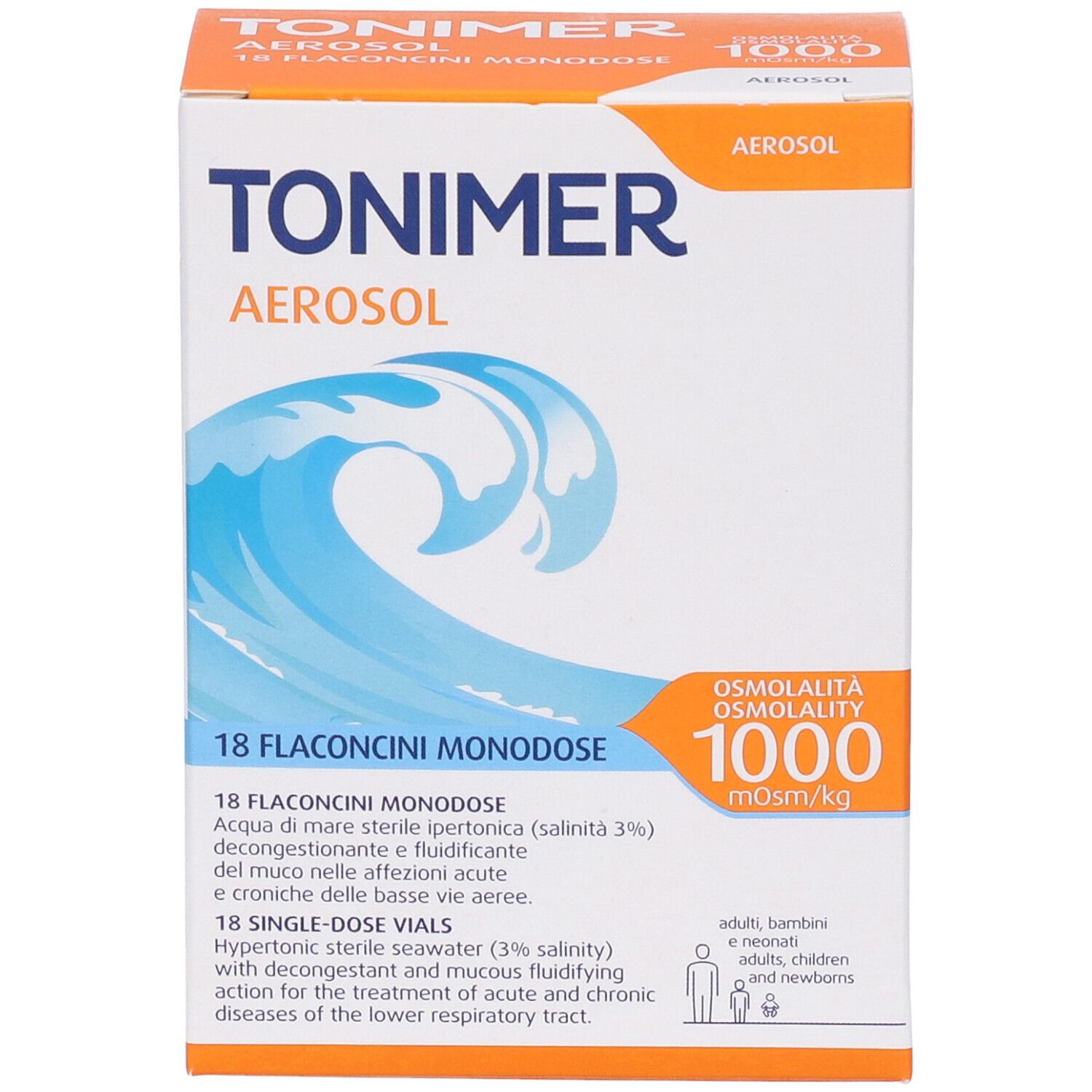 Scatola Tonimer Aerosol. Contiene 18 flaconcini monodose. Osmolarità 1000 mOsm/kg. Grafica onde.