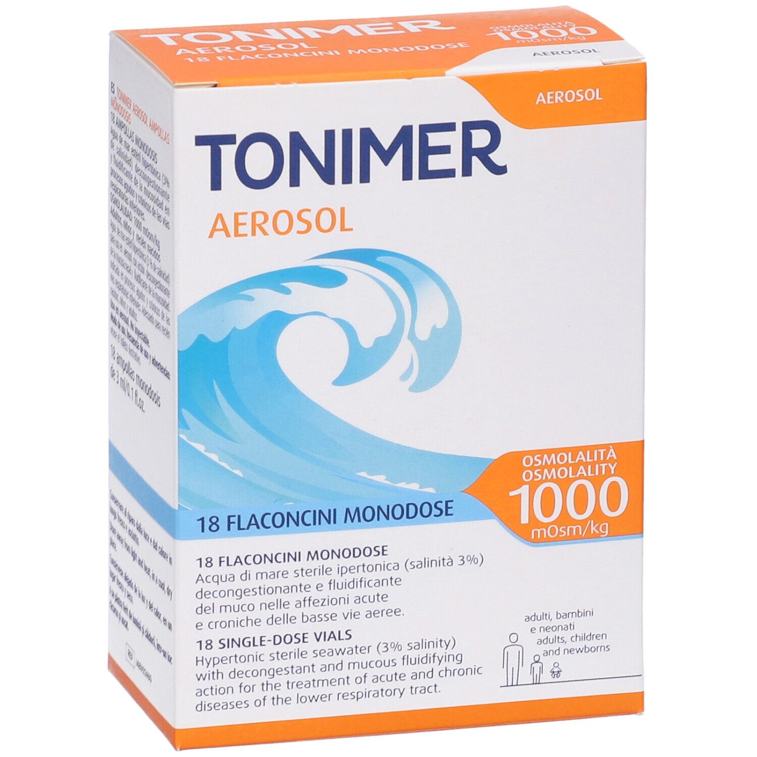 Scatola Tonimer Aerosol. Contiene 18 flaconcini monodose. Osmolarità 1000 mOsm/kg. Grafica onde.