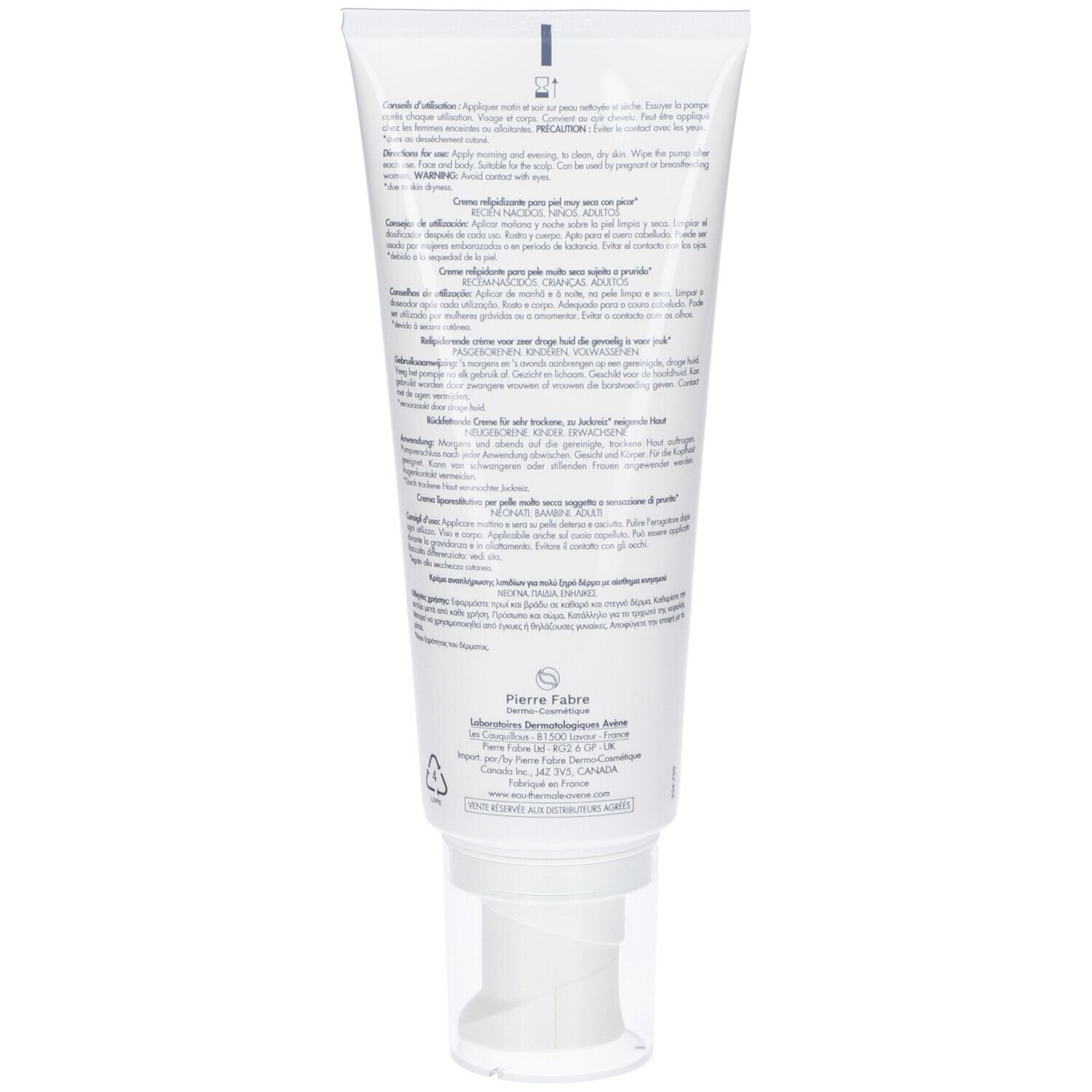 Retro del tubo bianco Avene Xeracalm AD. Testo multilingue. Informazioni per l'uso e produttore.