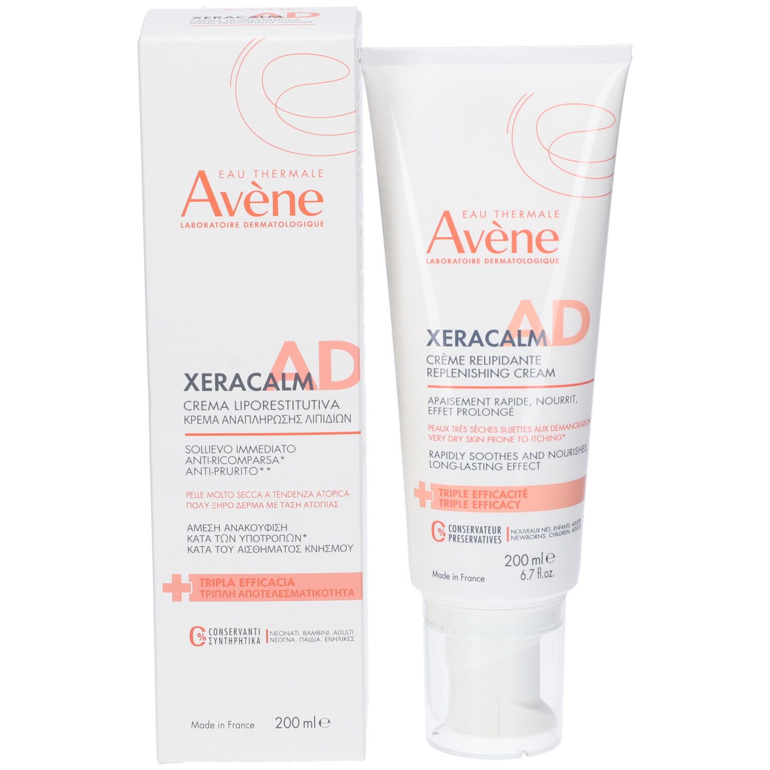 Avene Xeracalm AD crema e confezione. Scritta: Crema Relipidante, 200ml. Con confezione. Made in France.