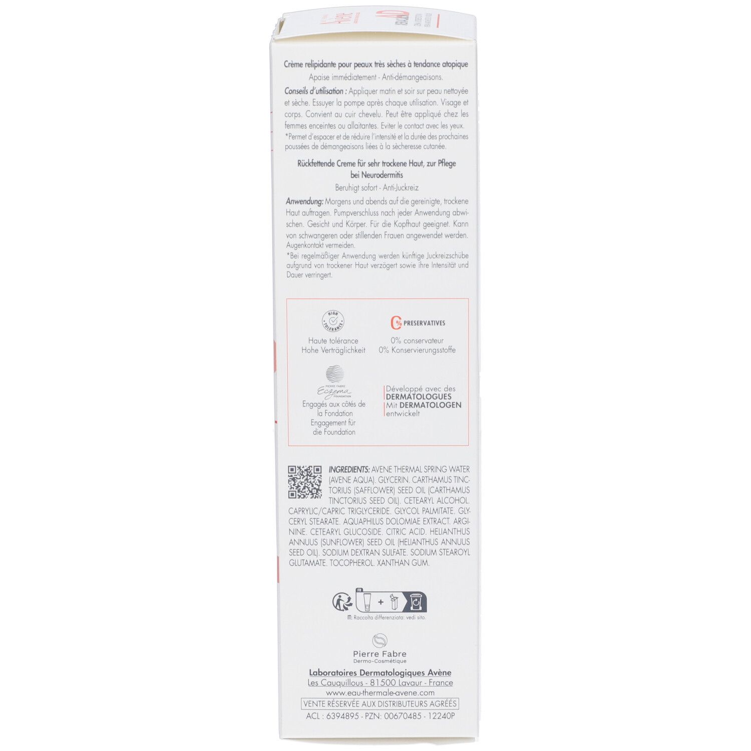 Lato della confezione Avene Xeracalm AD. Testo multilingue. Informazioni del produttore.