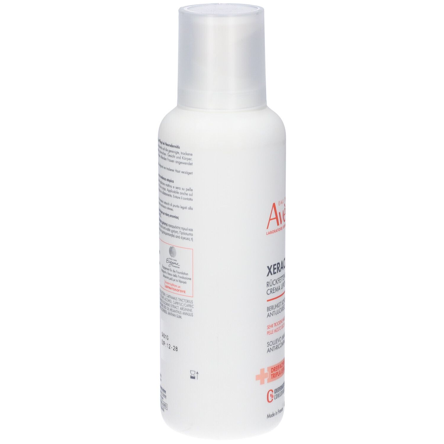 Flacone bianco con tappo bianco. Testo sul lato. Logo e testo: Eau Thermale Avène, Xeracalm AD.