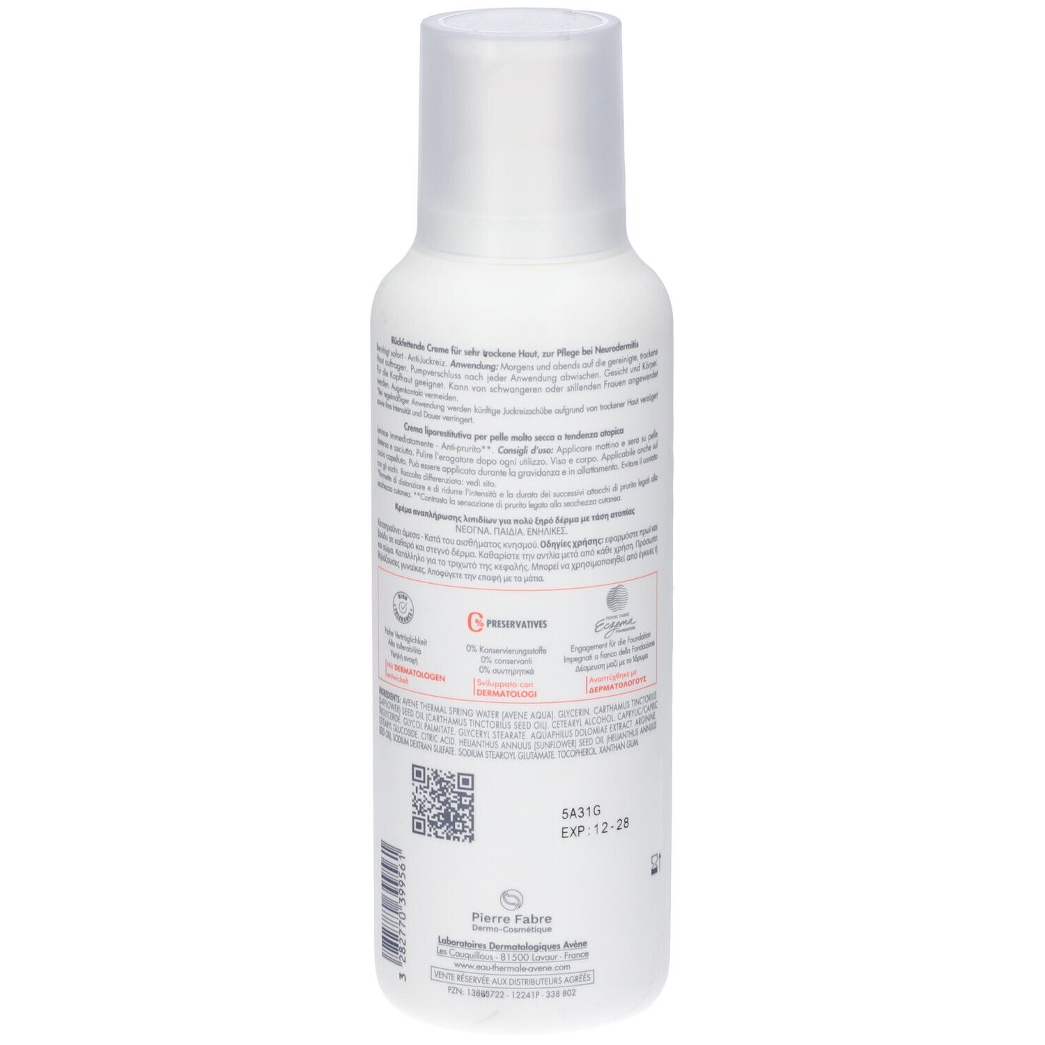 Flacone bianco con tappo bianco. Testo sul retro. Codice QR e certificazioni.