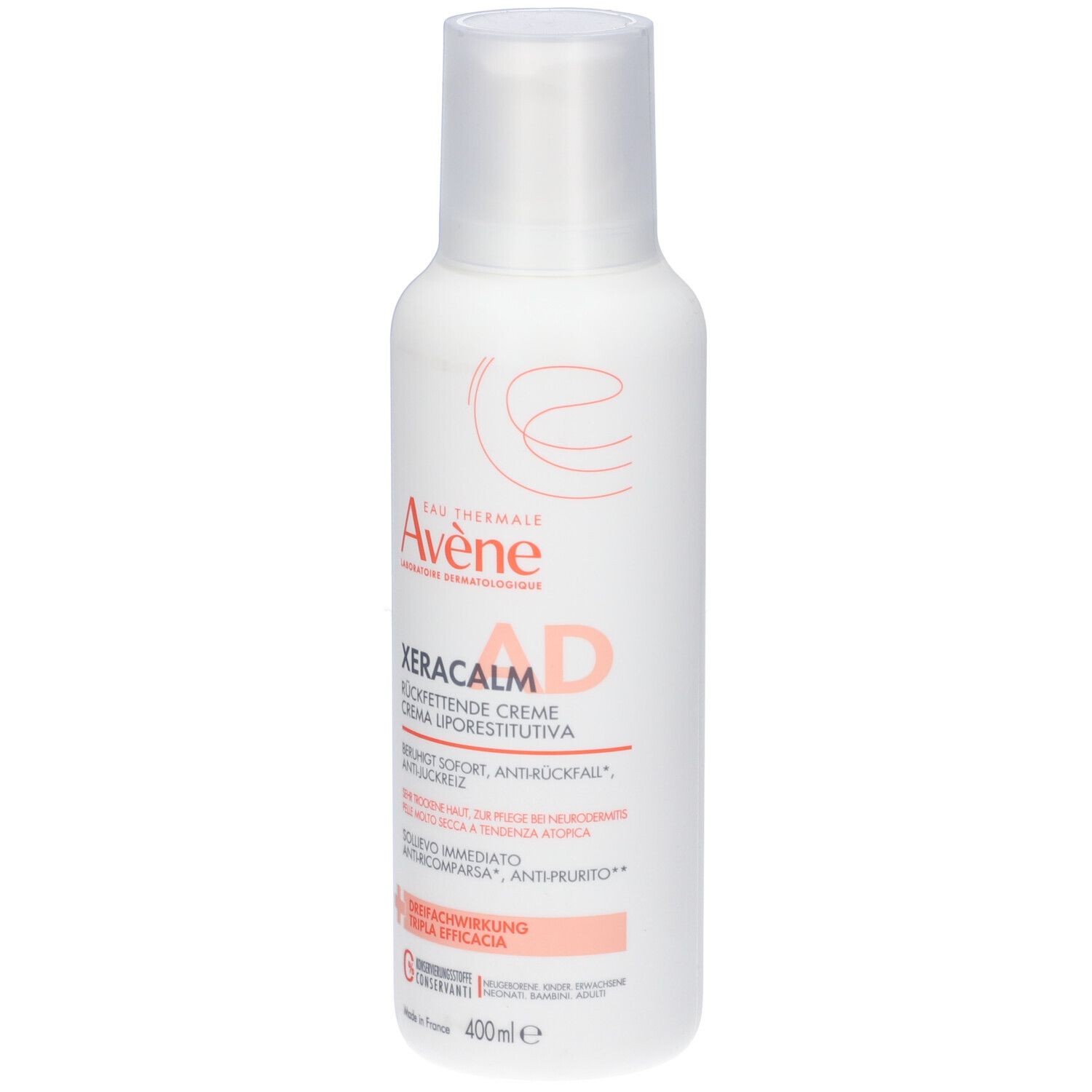 Flacone bianco con tappo bianco. Scritta: Eau Thermale Avène, Xeracalm AD, Crema Liporestitutiva. 400ml.