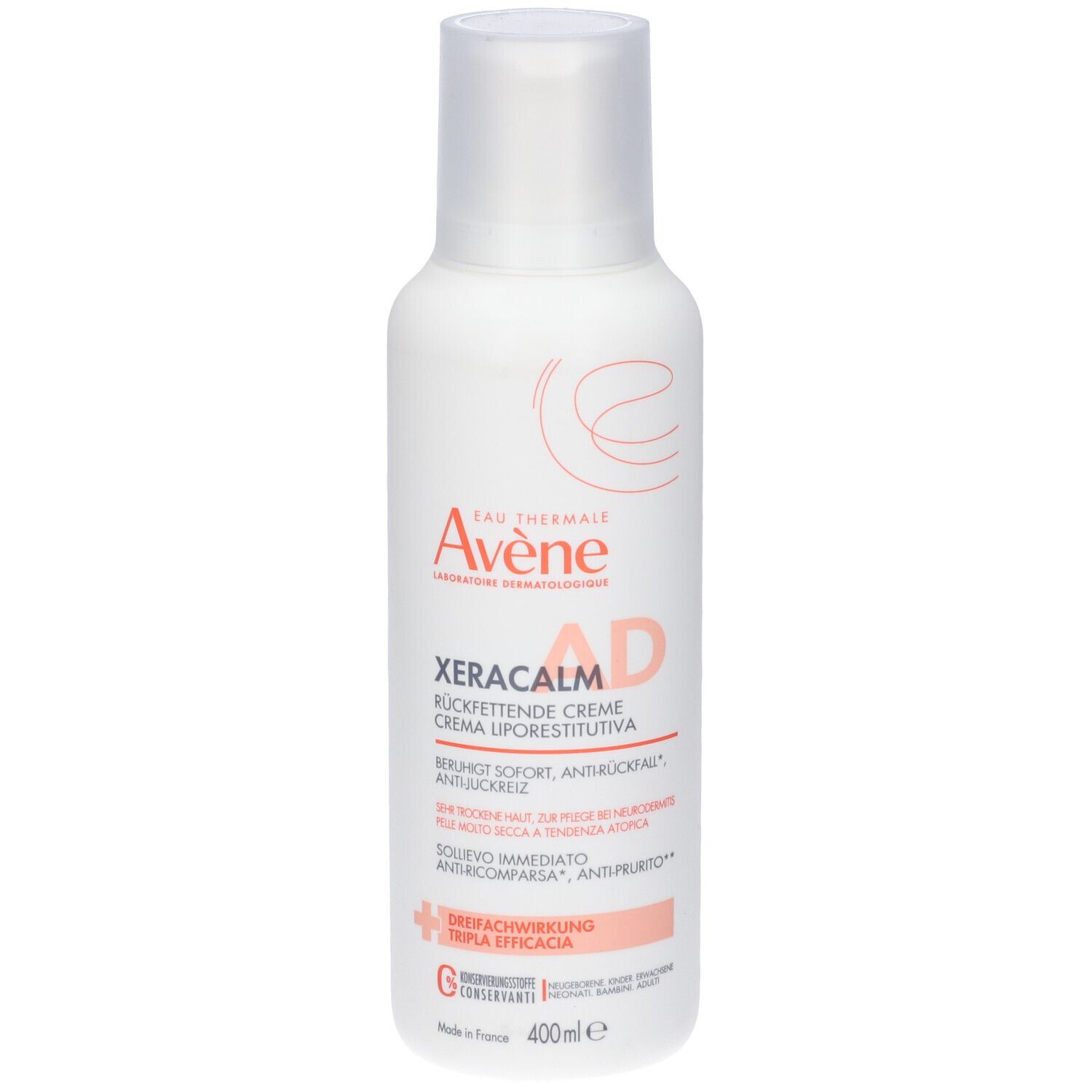 Flacone bianco con tappo bianco. Scritta: Eau Thermale Avène, Xeracalm AD, Crema Liporestitutiva. 400ml.