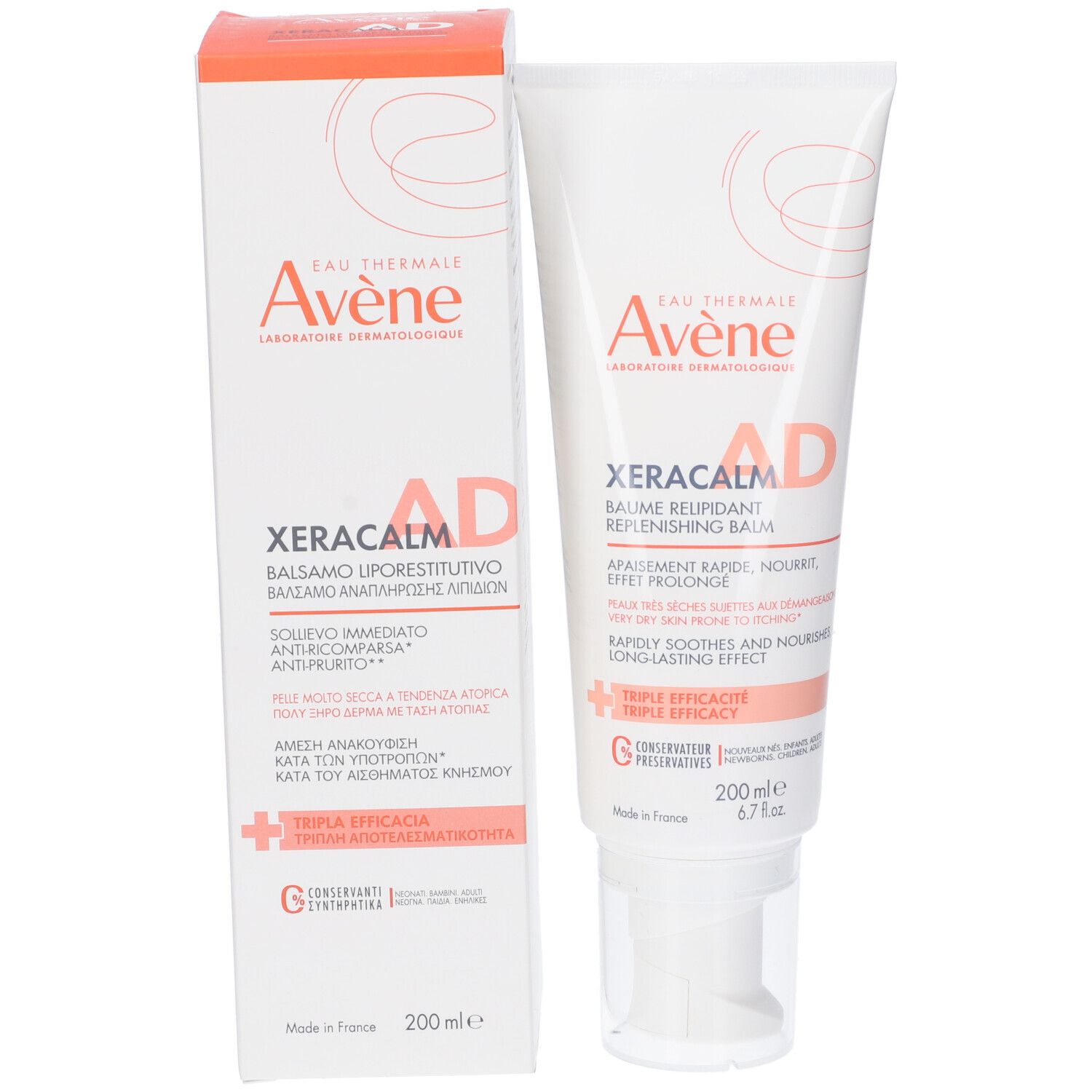 AVENE XERACALM AD Balsamo e confezione. Testo in italiano. 200ml.