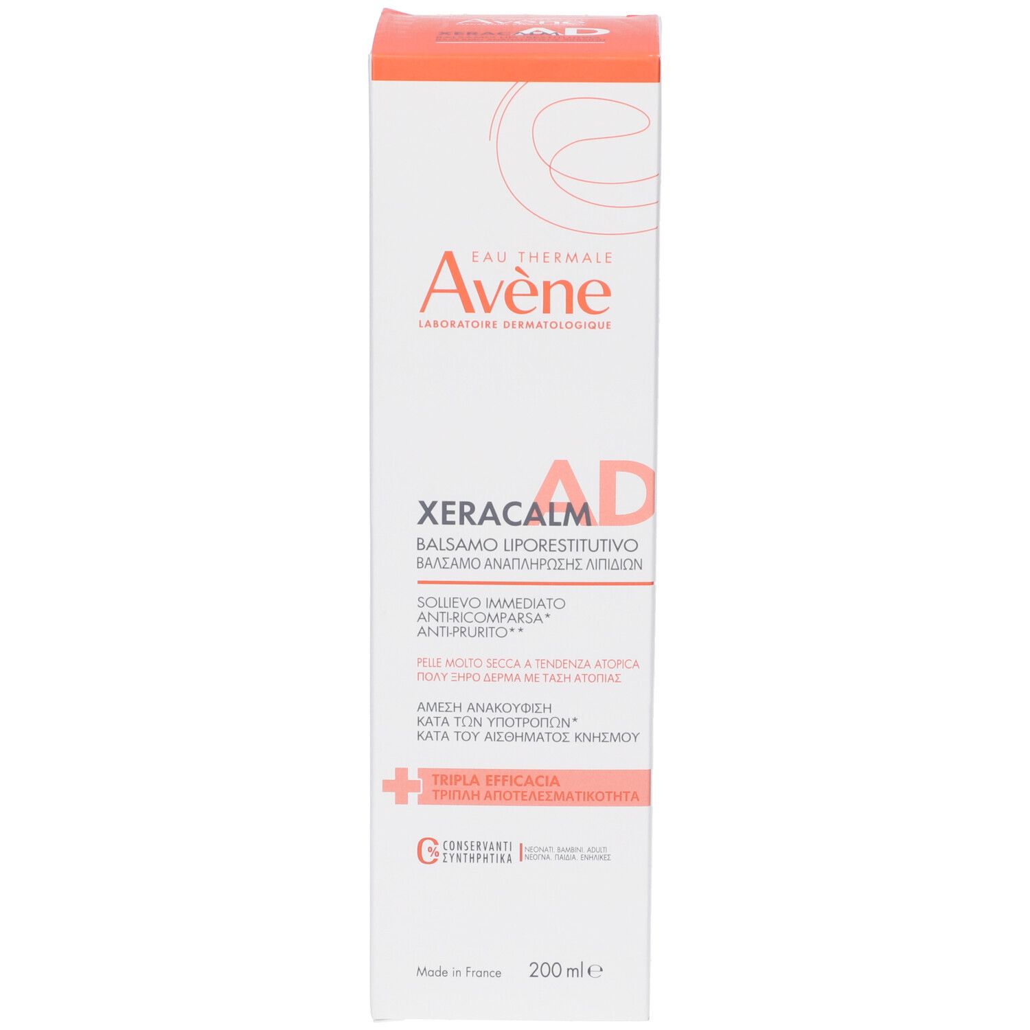 Confezione AVENE XERACALM AD Balsamo. Testo in italiano. 200ml.