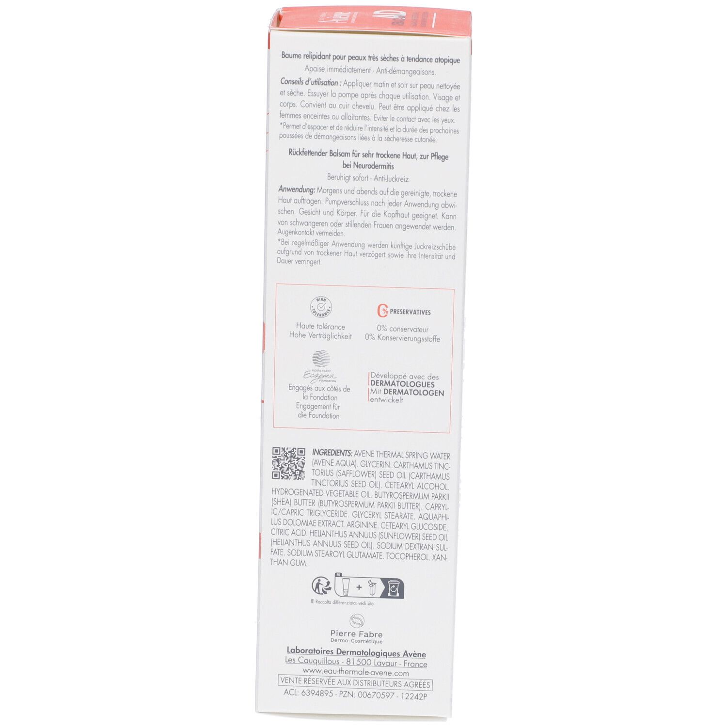 Confezione AVENE XERACALM AD Balsamo. Testo multilingue. 200ml.