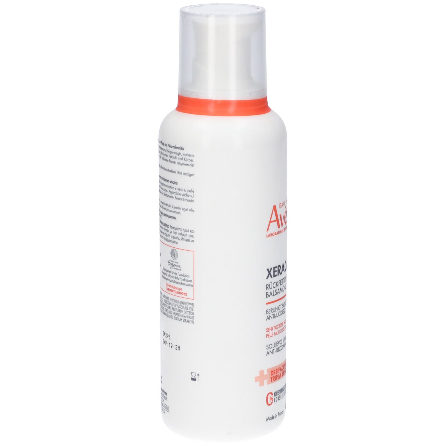 Flacone bianco, retro con testo e loghi. Tappo bianco, anello arancione. Etichetta con testo.