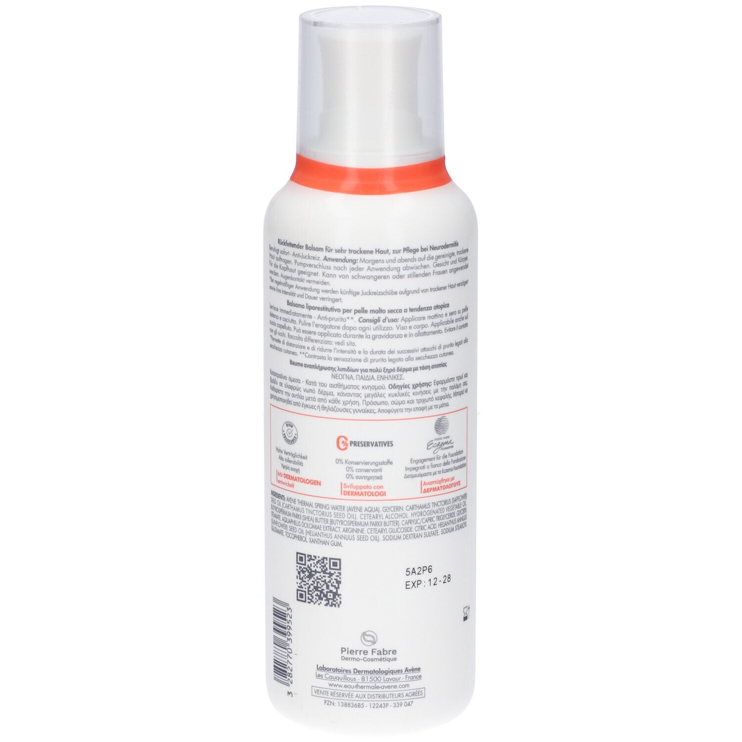 Flacone bianco, retro con testo e loghi. Tappo bianco, anello arancione. Codice QR e data di scadenza.