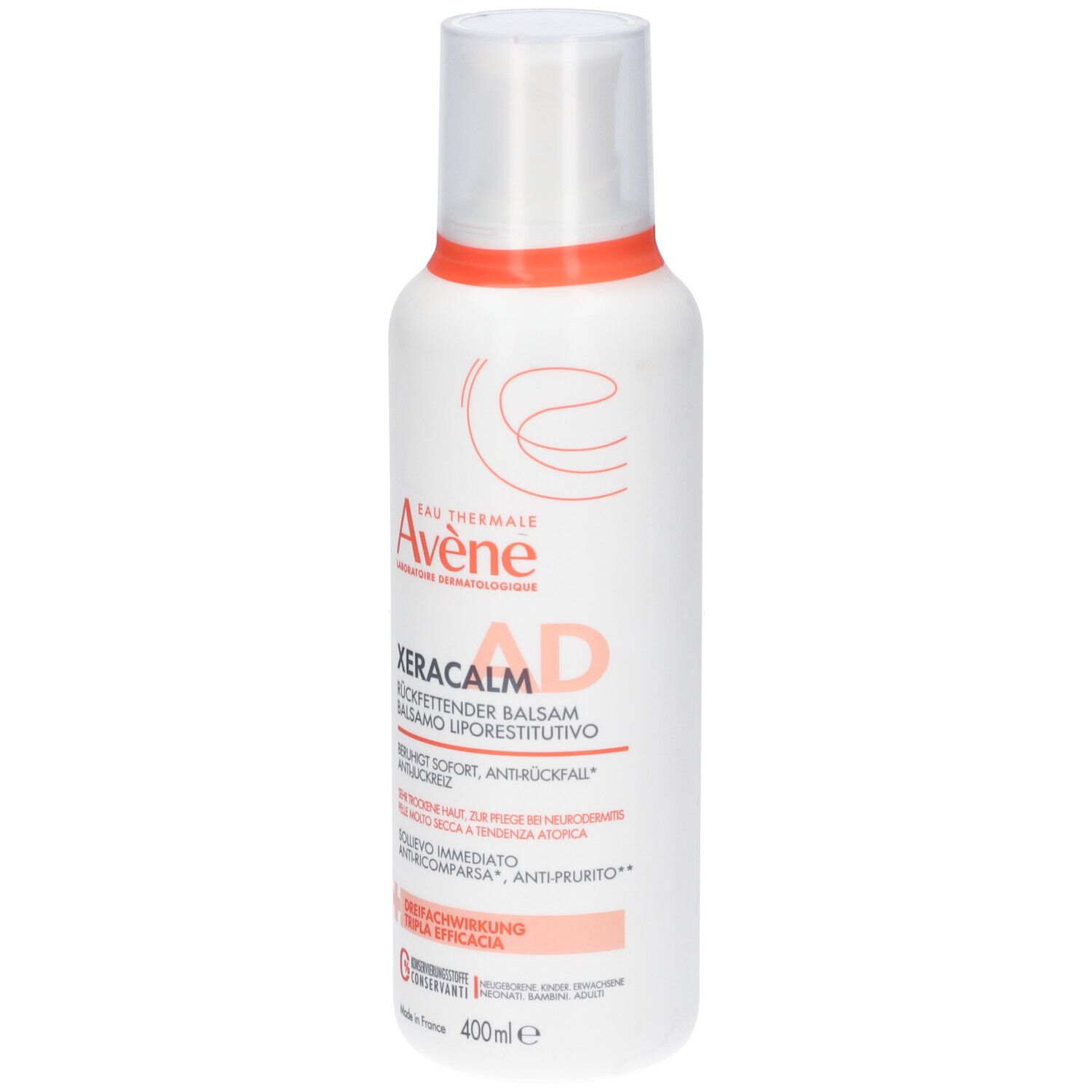 Flacone bianco, anello arancione, tappo bianco. Testo: Eau Thermale Avène, Xeracalm AD. 400ml.