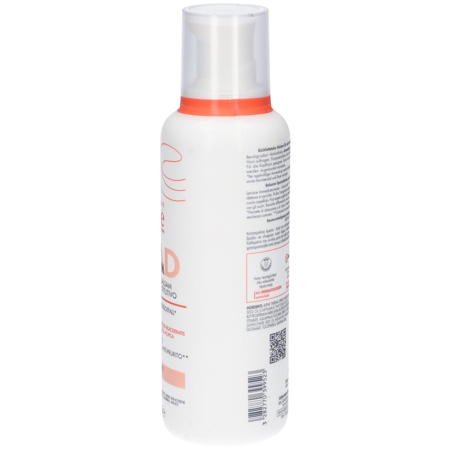 Flacone bianco, retro con testo e loghi. Tappo bianco, anello arancione. Codice QR e testo.