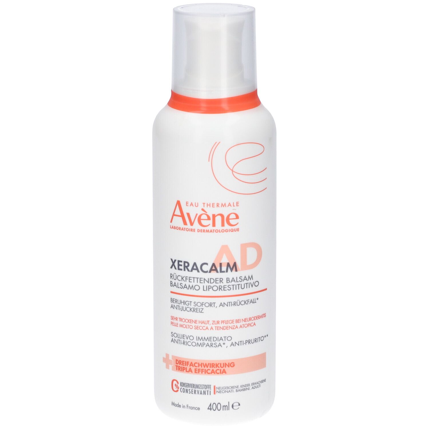 Flacone bianco, anello arancione, tappo bianco. Testo: Eau Thermale Avène, Xeracalm AD. 400ml.