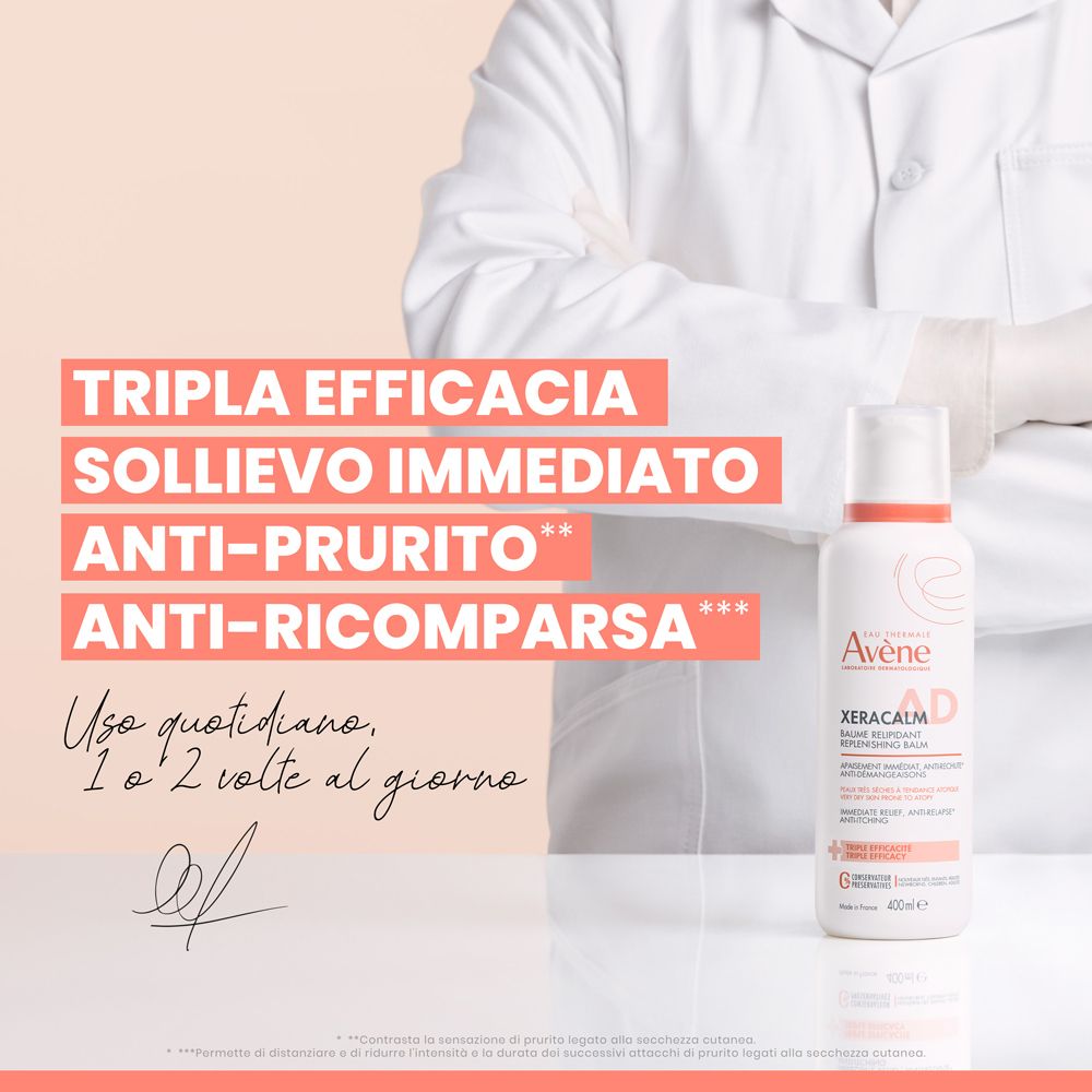 Flacone di balsamo Avene Xeracalm AD accanto a testo sull'efficacia tripla.