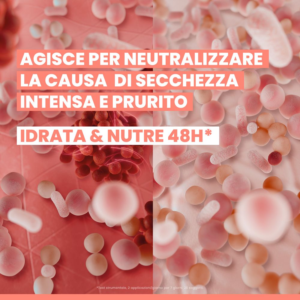 Vista microscopica di cellule cutanee trattate con balsamo Avene Xeracalm AD.