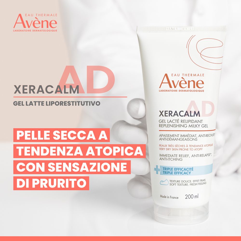 Un tubetto bianco con scritto "AVÈNE XERACALM AD". Accanto "GEL LATTE LIPORESTITUTIVO" e "REPLENISHING MILKY GEL".