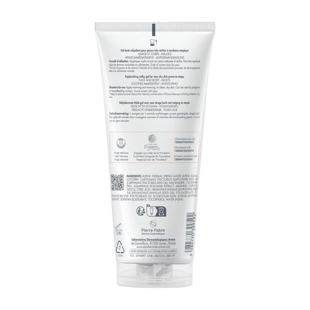 Tubo bianco con scritte nere. Contiene informazioni su ingredienti, uso e certificazioni.