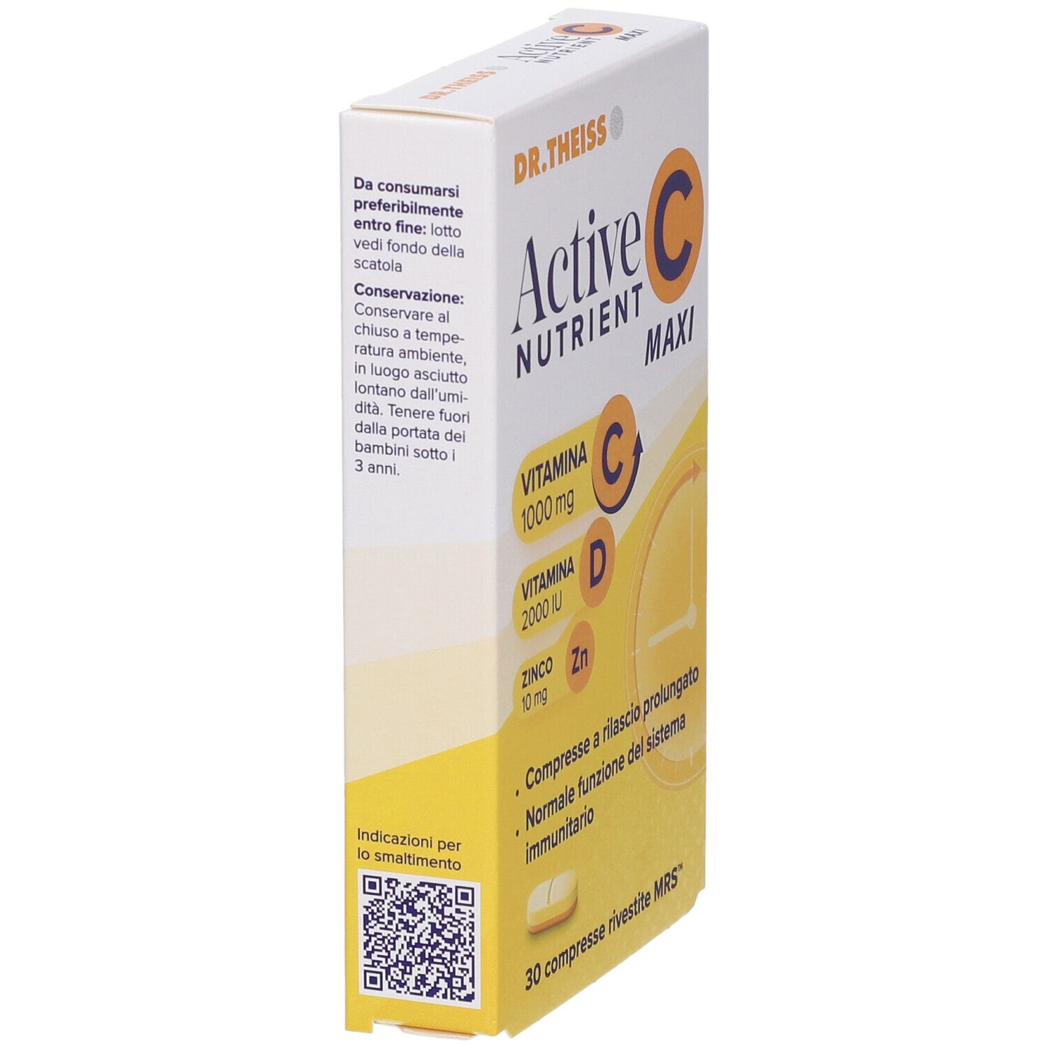 Scatola Active C Maxi, angolata. Contiene vitamina C, D e zinco. 30 compresse. Dr. Theiss.