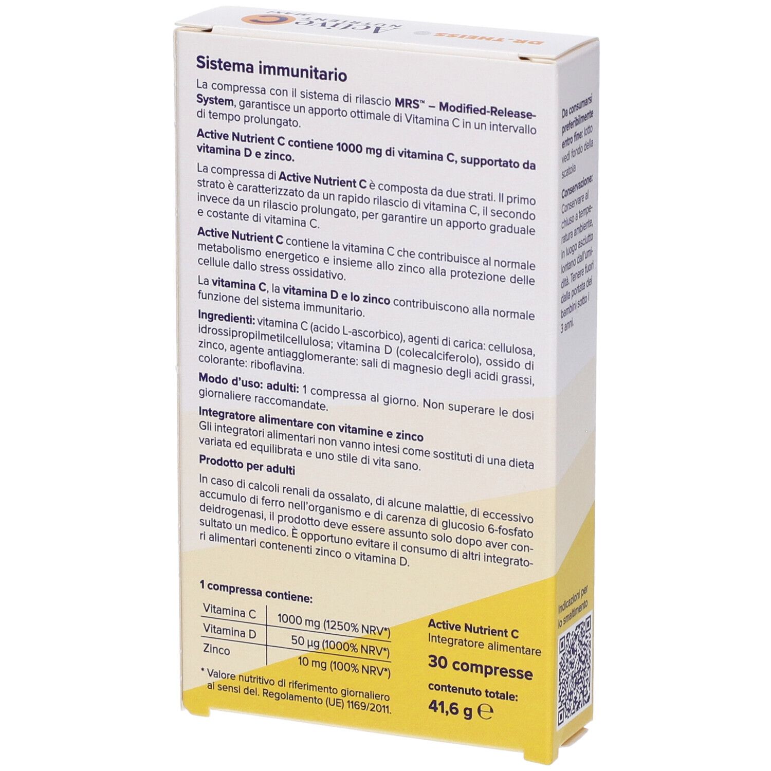 Retro della scatola Active C Maxi. Informazioni su ingredienti e uso.