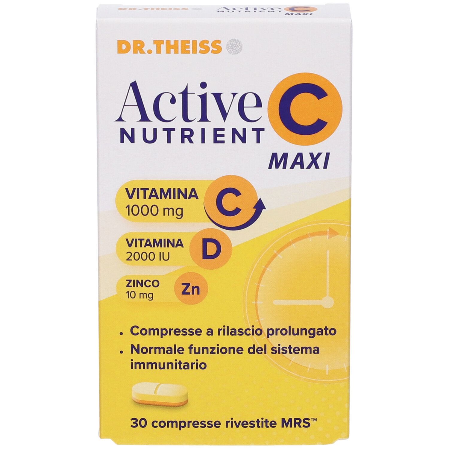 Scatola Active C Maxi. Contiene vitamina C, D e zinco. 30 compresse. Marchio Dr. Theiss.