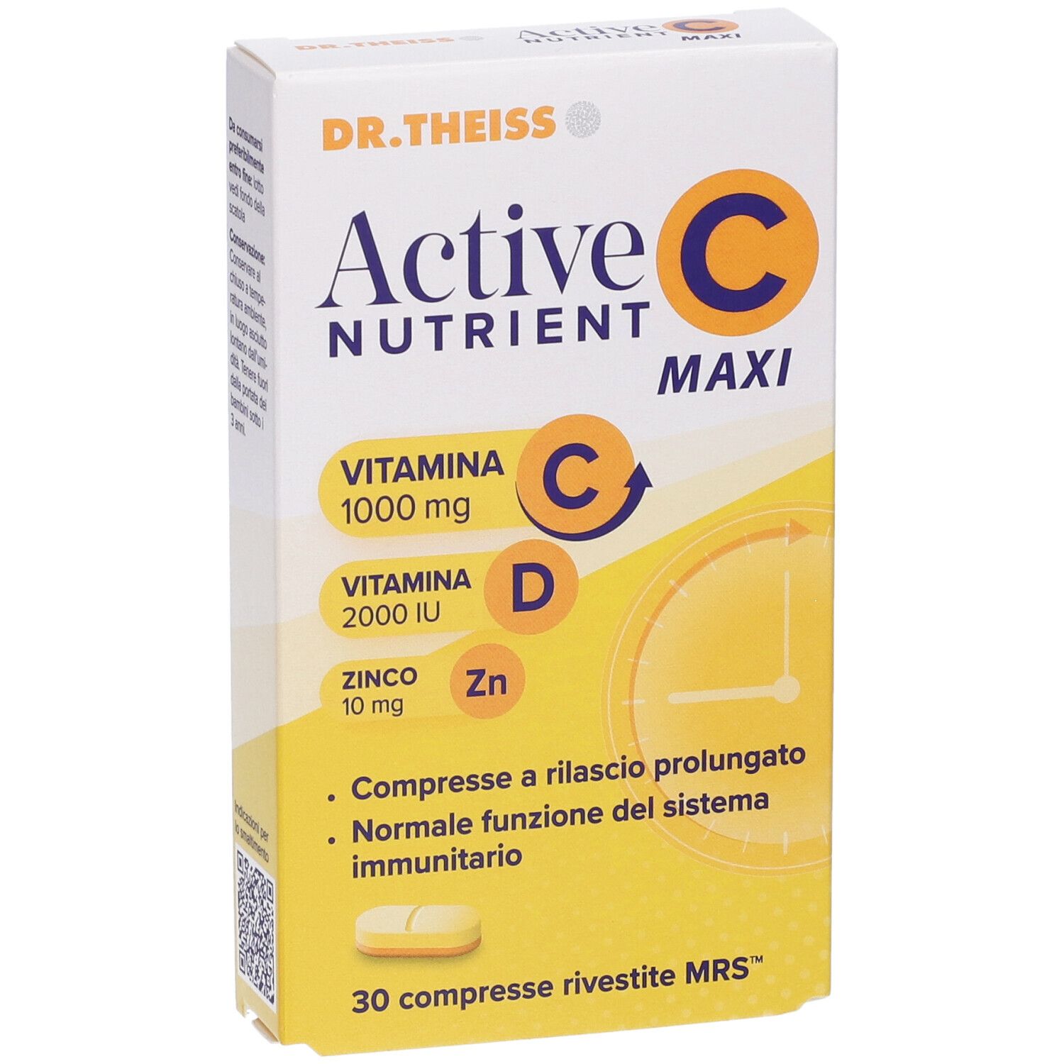 Scatola Active C Maxi. Contiene vitamina C, D e zinco. 30 compresse. Marchio Dr. Theiss.