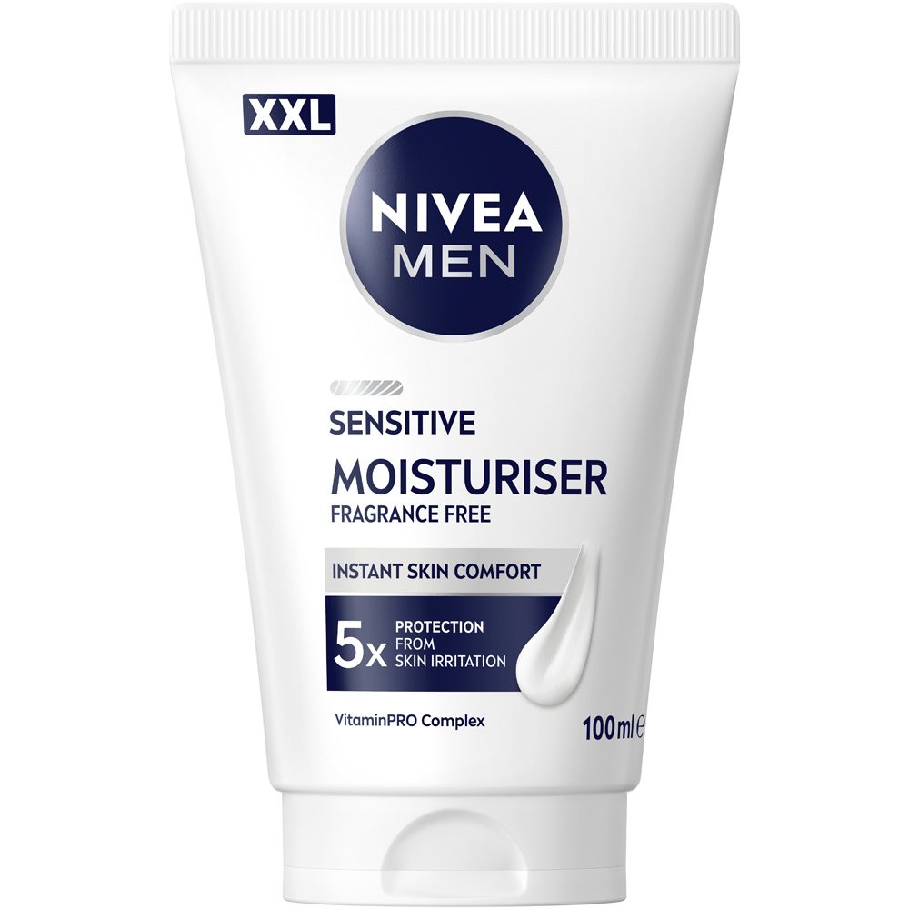 Nivea Men Sensitive Crema Idratante XXL 100 ml, Crema viso uomo in maxi formato per 5x protezione dalle irritazioni, Skincare uomo con formula idratante 24h senza profumo per pelli sensibili
