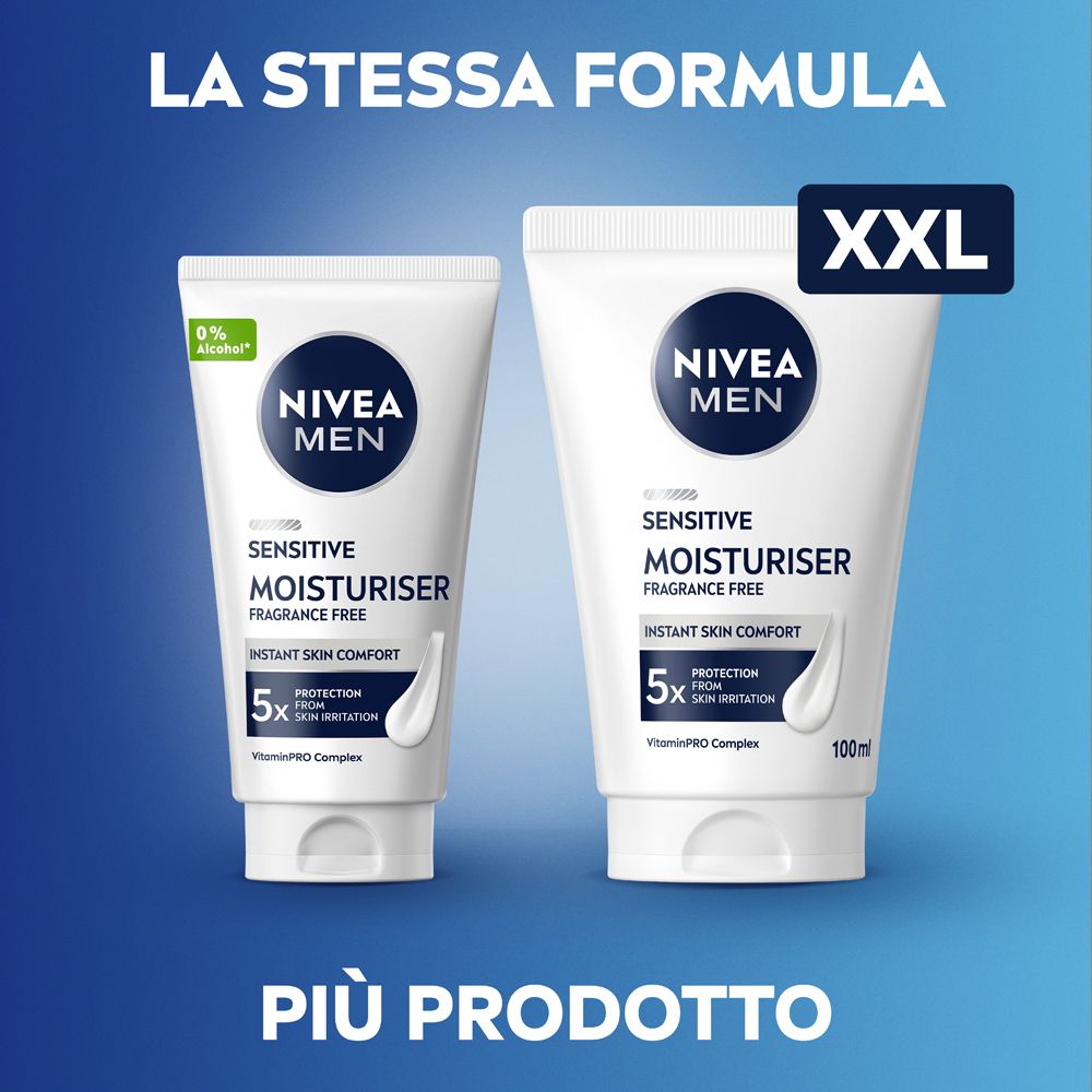 Due tubi NIVEA MEN SENSITIVE MOISTURISER. Uno più piccolo e uno più grande con indicazione XXL. Entrambi con la stessa formula.