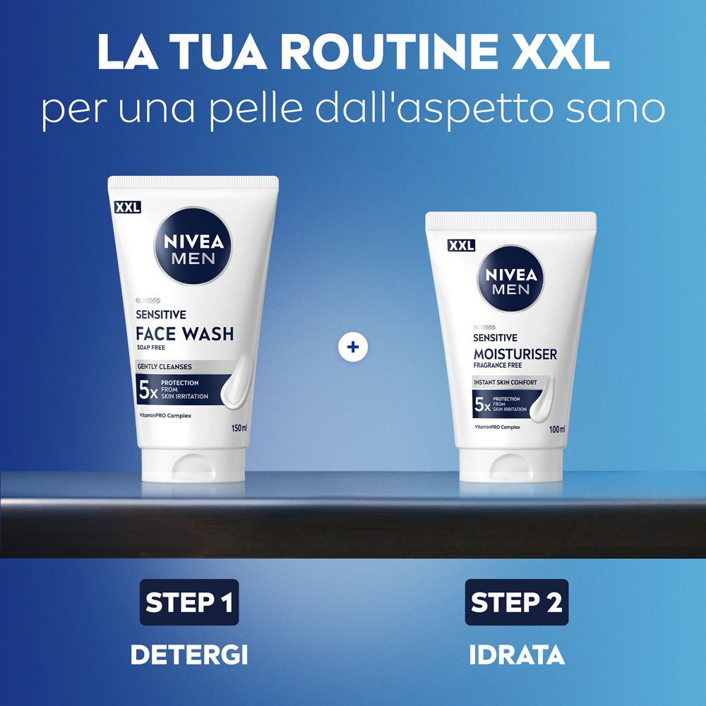 Due prodotti: NIVEA MEN FACE WASH e MOISTURISER. Entrambi con indicazione XXL. Fase 1: Detergere, Fase 2: Idratare.