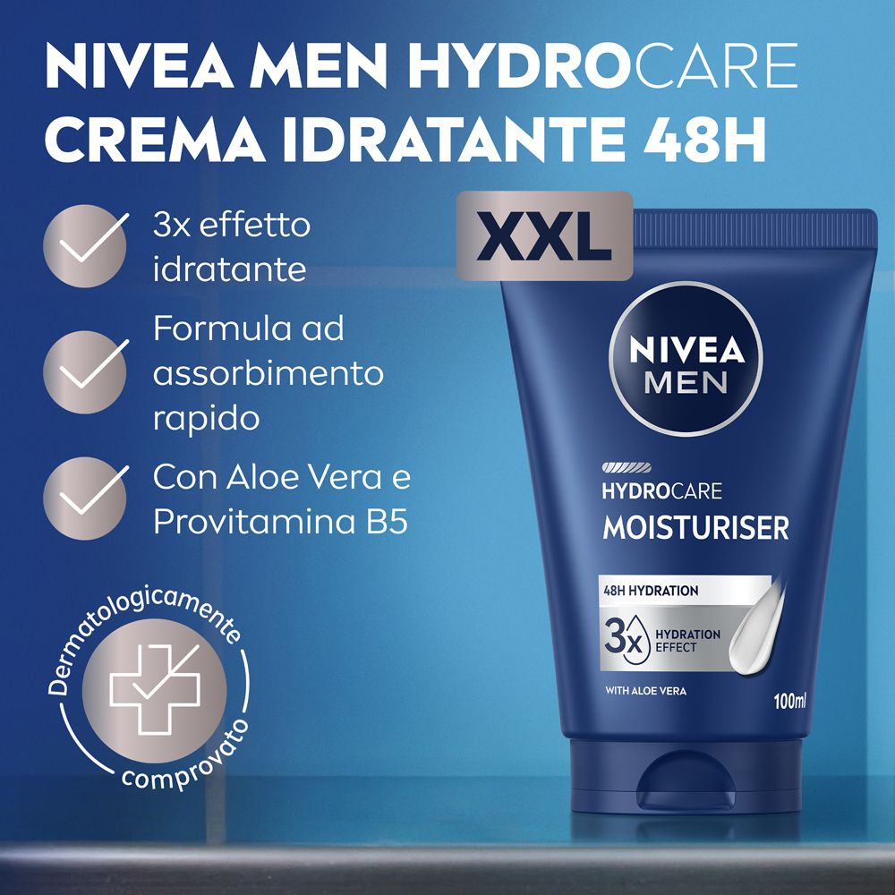 Tubo blu NIVEA MEN HYDRO CARE MOISTURISER. Idratazione 48h, effetto 3x, con aloe vera. Dermatologicamente testato. Logo XXL.