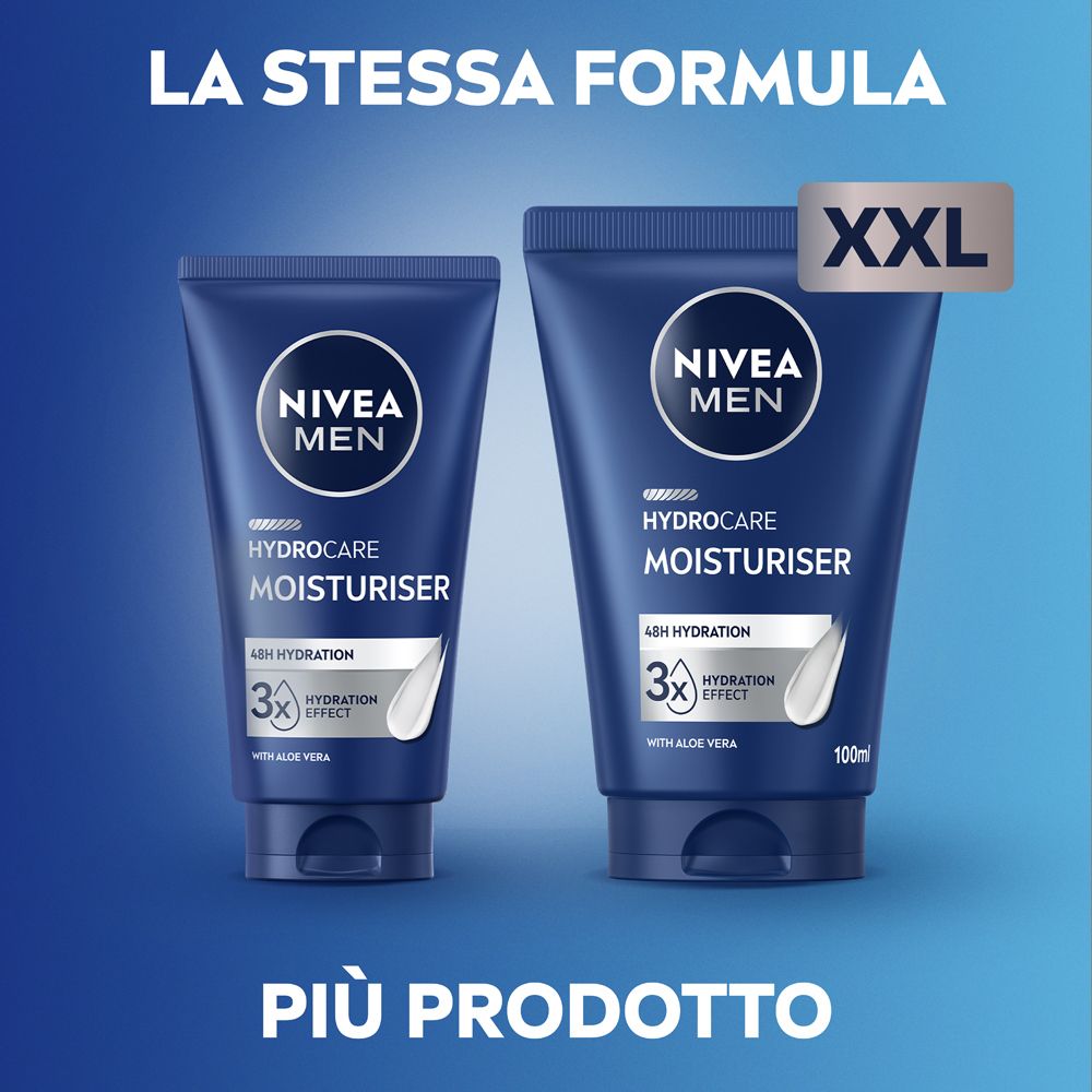 Due tubi blu NIVEA MEN HYDRO CARE MOISTURISER. Logo XXL. Uno più piccolo e uno più grande.