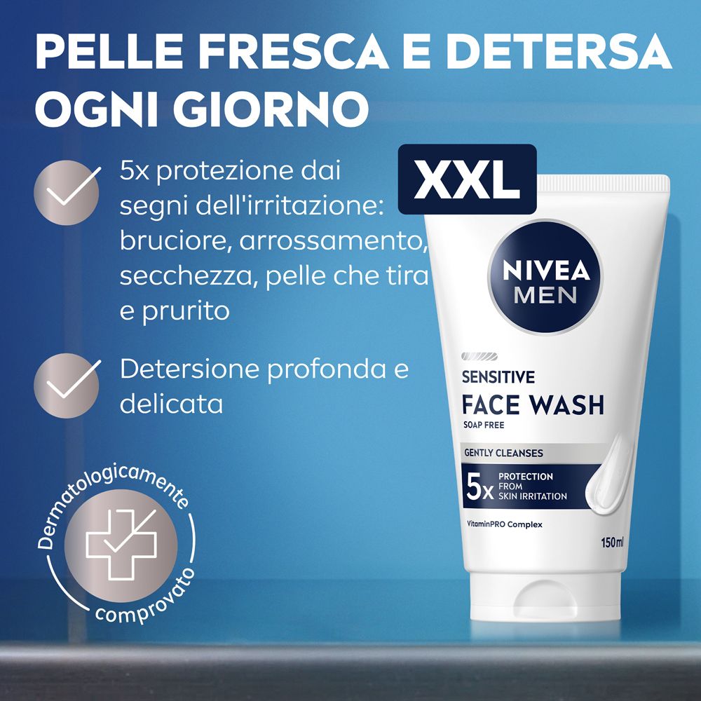 Tubo bianco NIVEA MEN Sensitive Face Wash. Testo: 5x protezione dall'irritazione cutanea. Dermatologicamente testato.