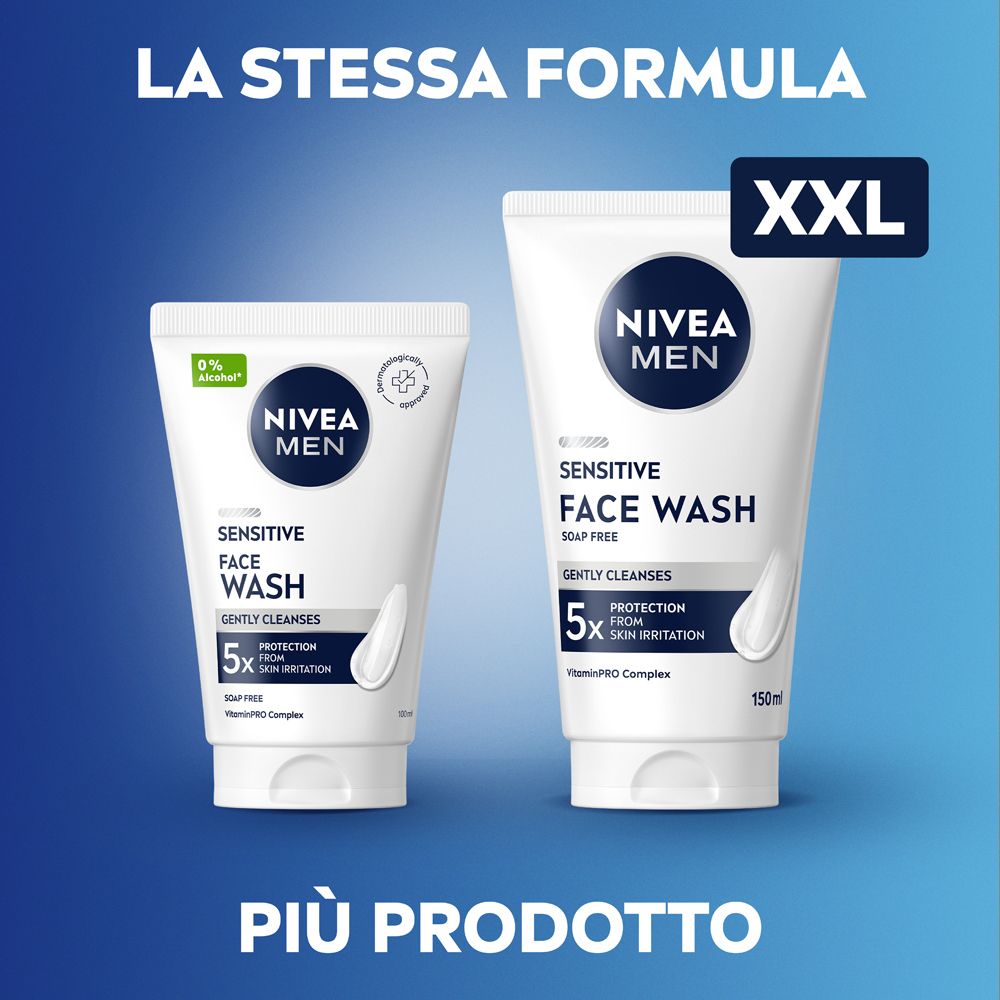 Due tubi NIVEA MEN Sensitive Face Wash. Uno piccolo e uno grande. Testo: Più prodotto.