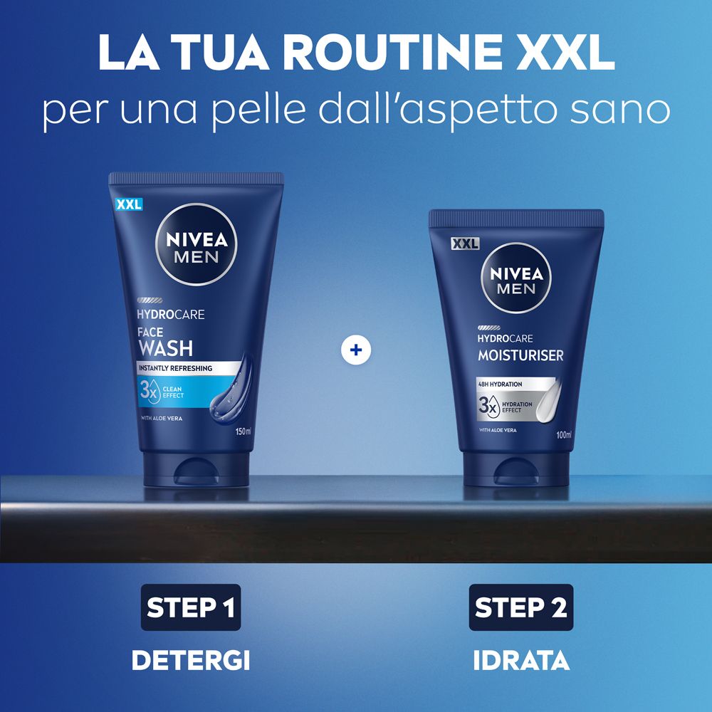 Due tubi blu. NIVEA MEN HYDROCARE FACE WASH e MOISTURISER. Fase 1: Detergere. Fase 2: Idratare.
