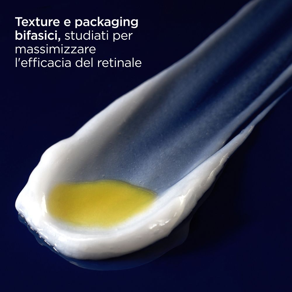 Crema bianco-giallastra su sfondo blu. Testo: Texture e packaging bifasici.