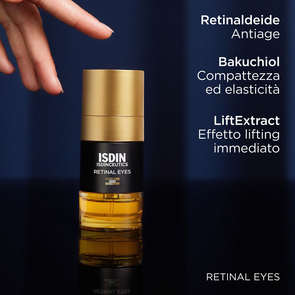 Flacone dorato. Testo: Retinaldeide, Bakuchiol, LiftExtract. Mano nell'immagine.