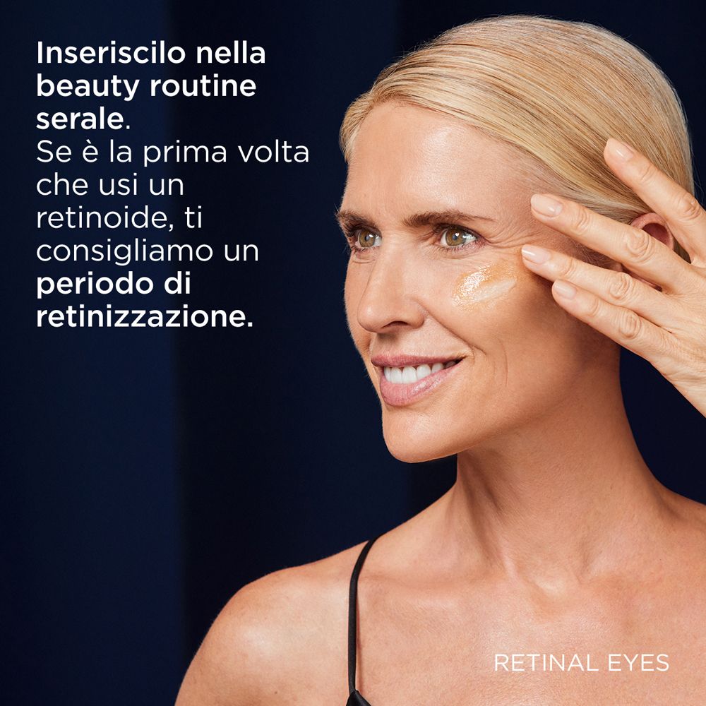 Donna applica crema. Testo: Inserire nella routine serale. Retinizzazione se prima volta.