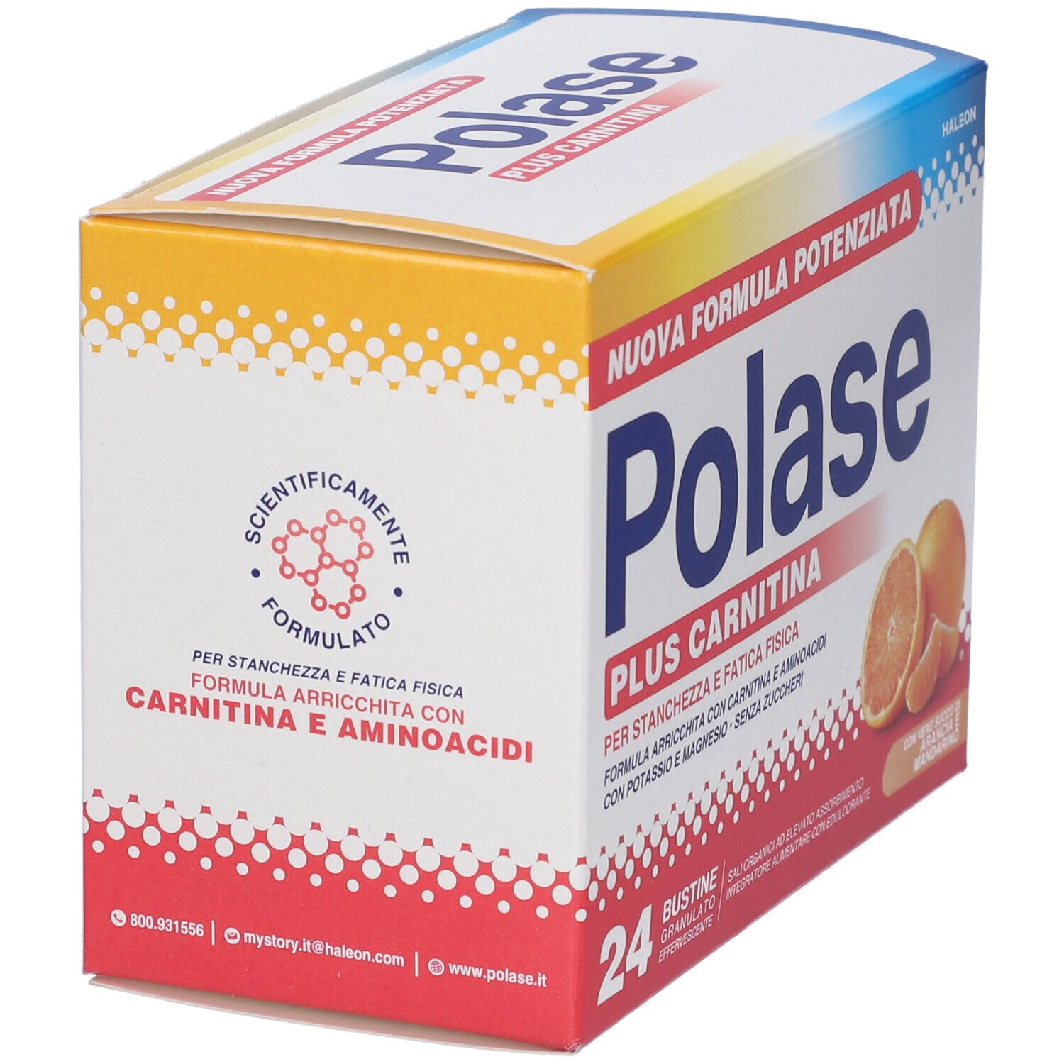 Confezione di Polase Plus Carnitina. Forma squadrata. Testo: Plus Carnitina, 24 Bustine, Halbeon. Arance illustrate.