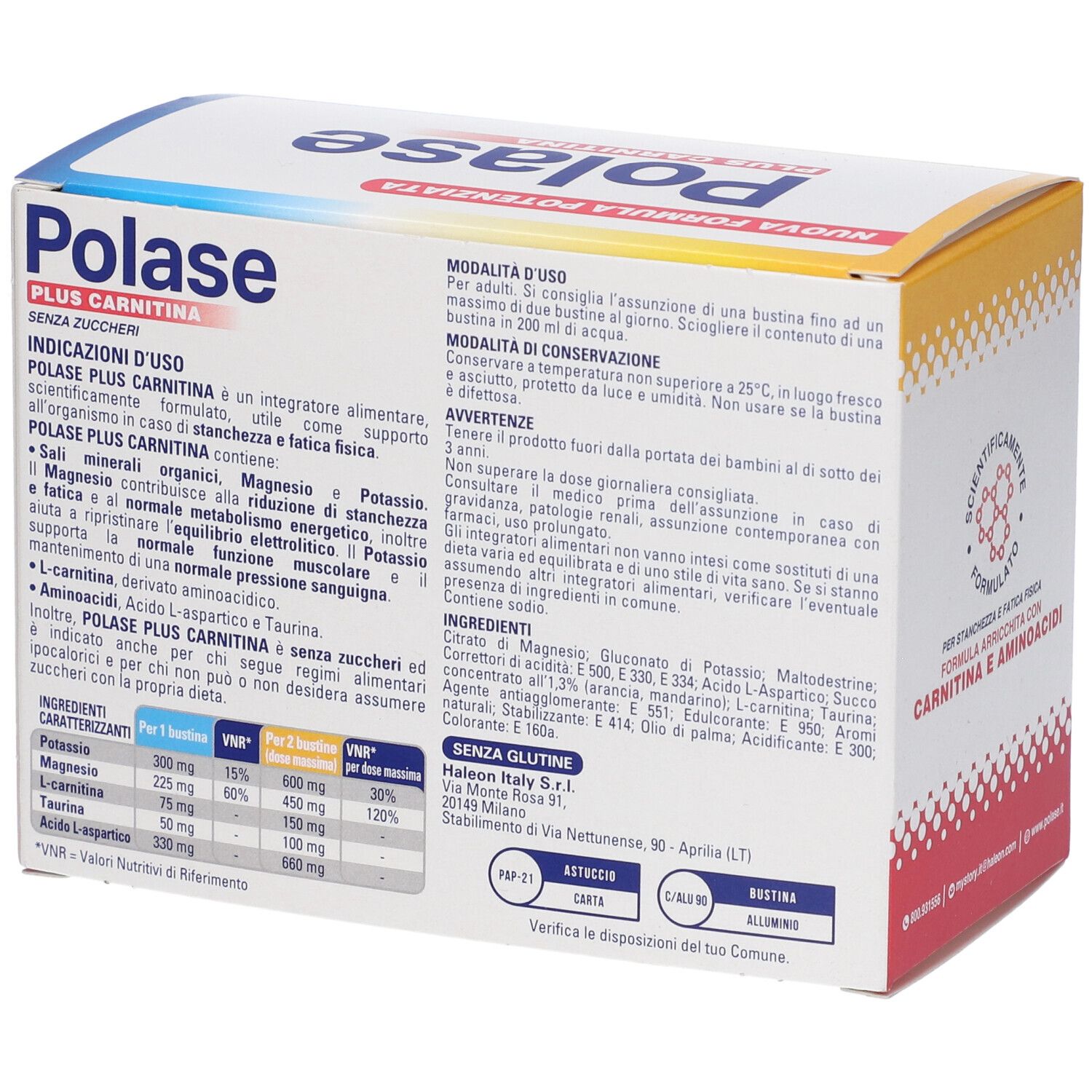 Retro della confezione Polase Plus Carnitina. Testo: Ingredienti, modalità d'uso, avvertenze. Marchio: Halbeon.