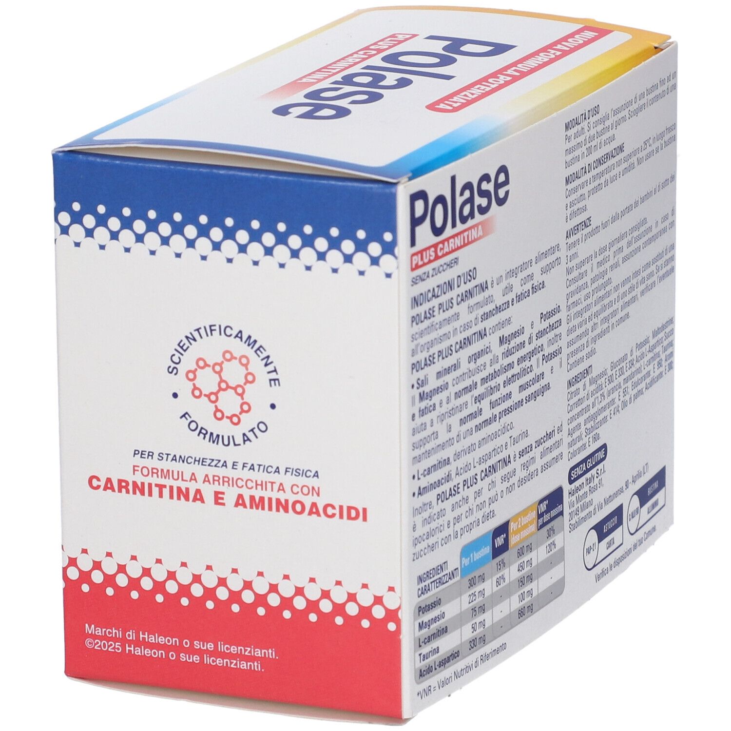 Confezione Polase Plus Carnitina. Forma squadrata. Testo: Plus Carnitina, 24 Bustine, Halbeon. Formula scientifica.