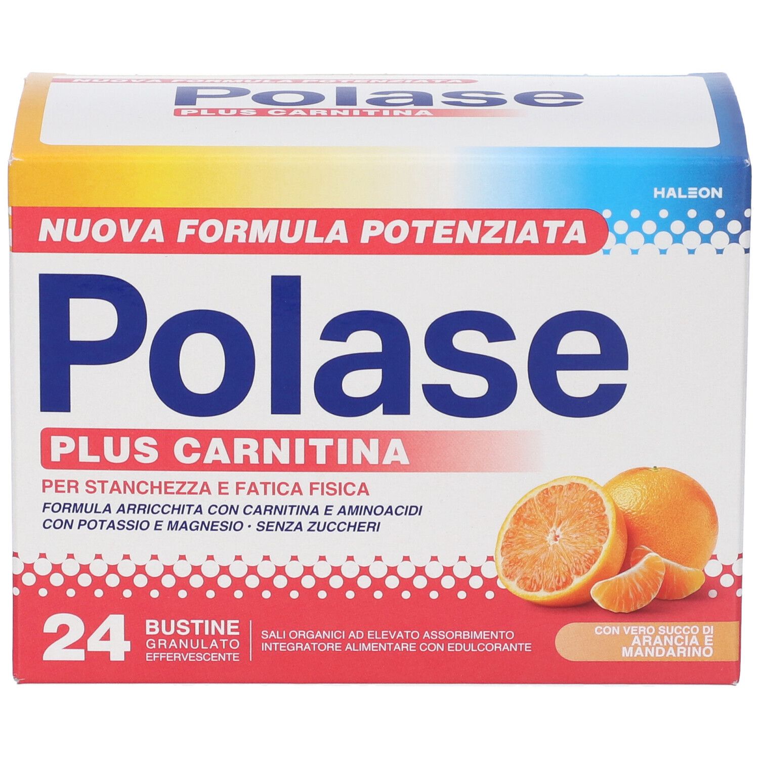 Confezione di Polase Plus Carnitina. Contiene 24 bustine. Arance illustrate. Testo: Plus Carnitina, Halbeon.
