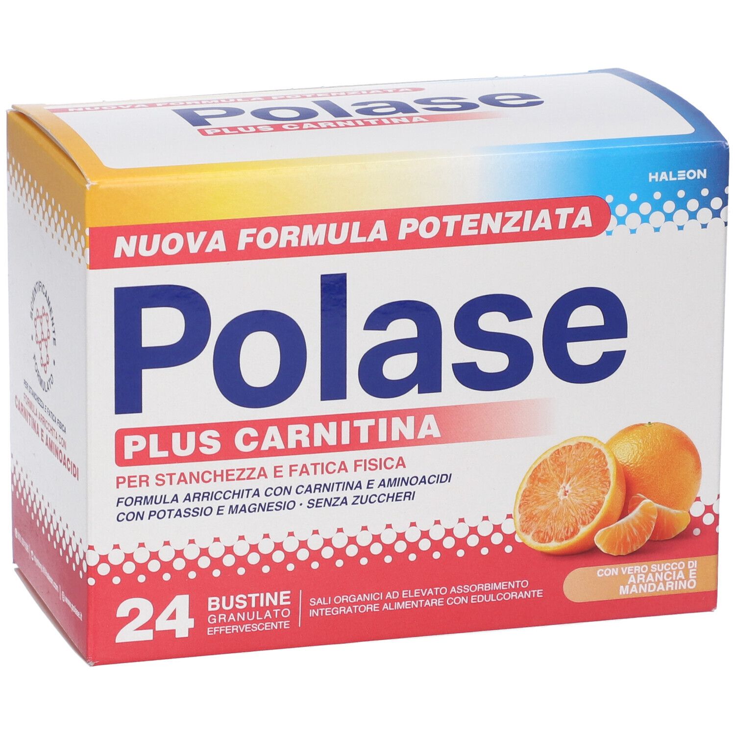 Confezione di Polase Plus Carnitina. Contiene 24 bustine. Arance illustrate. Testo: Plus Carnitina, Halbeon.