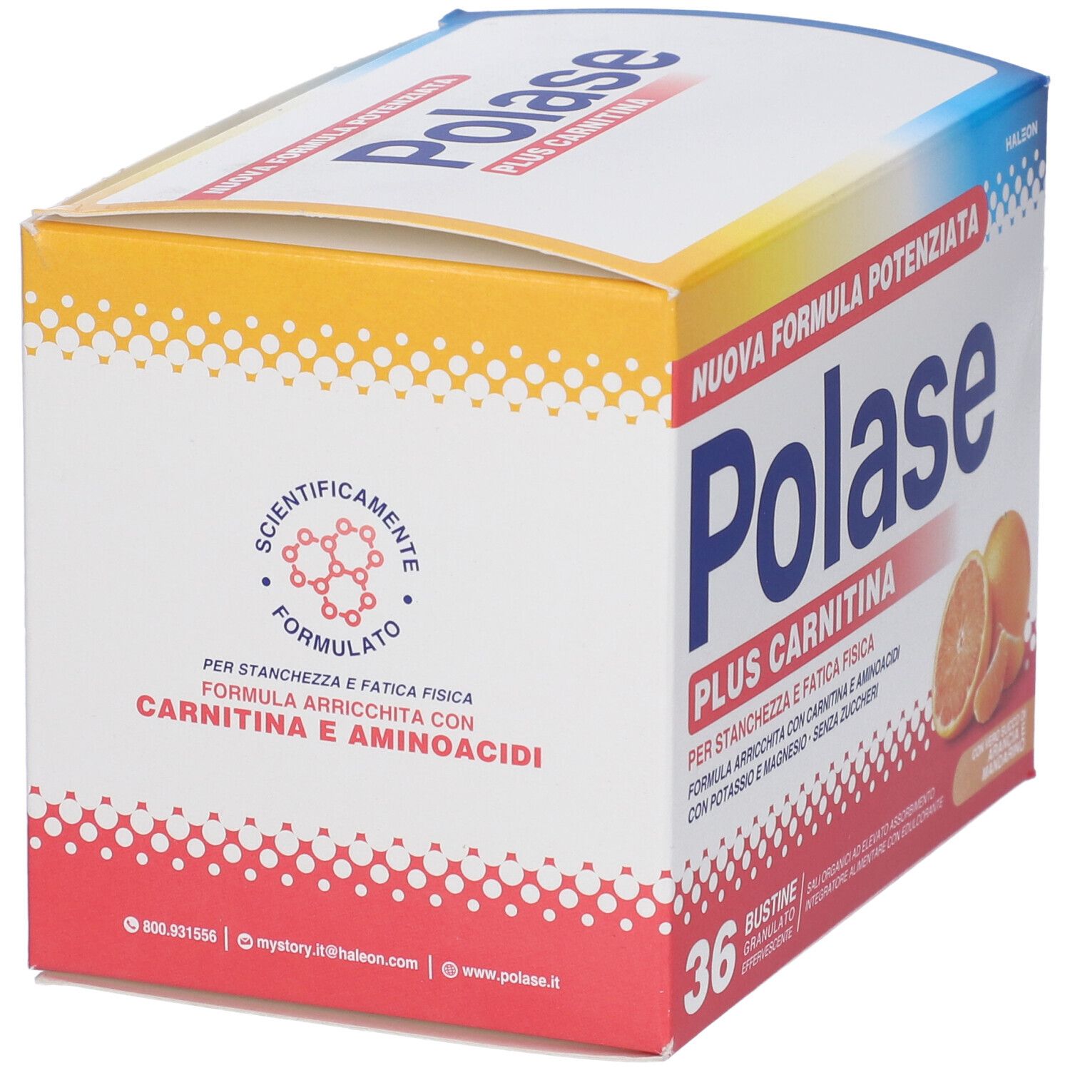Confezione di Polase Plus Carnitina. Testo: Scientificamente formulato, con carnitina e aminoacidi. 36 bustine.