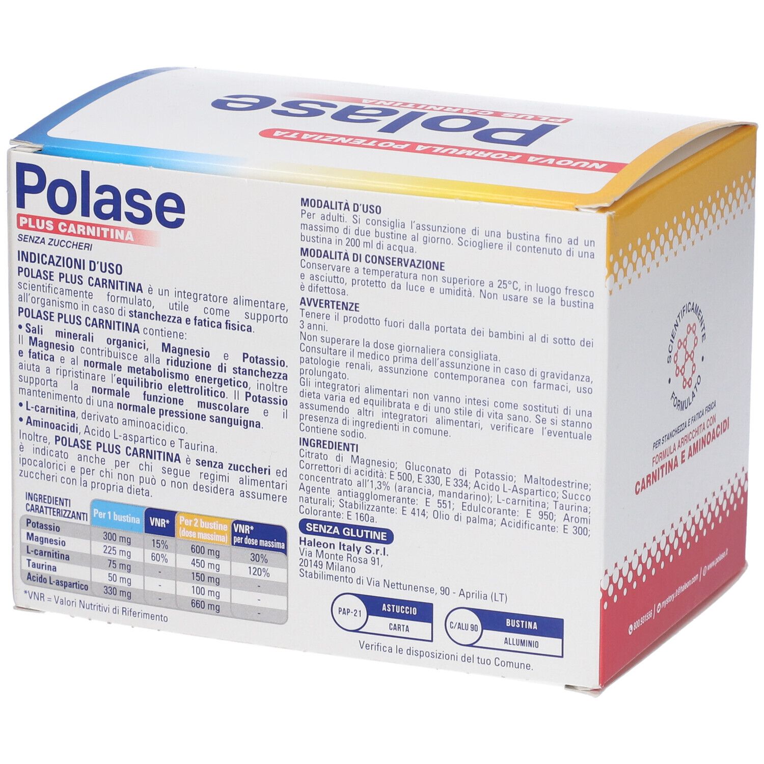 Retro della confezione Polase Plus Carnitina. Testo: Modalità d'uso, ingredienti, informazioni nutrizionali. 36 bustine.