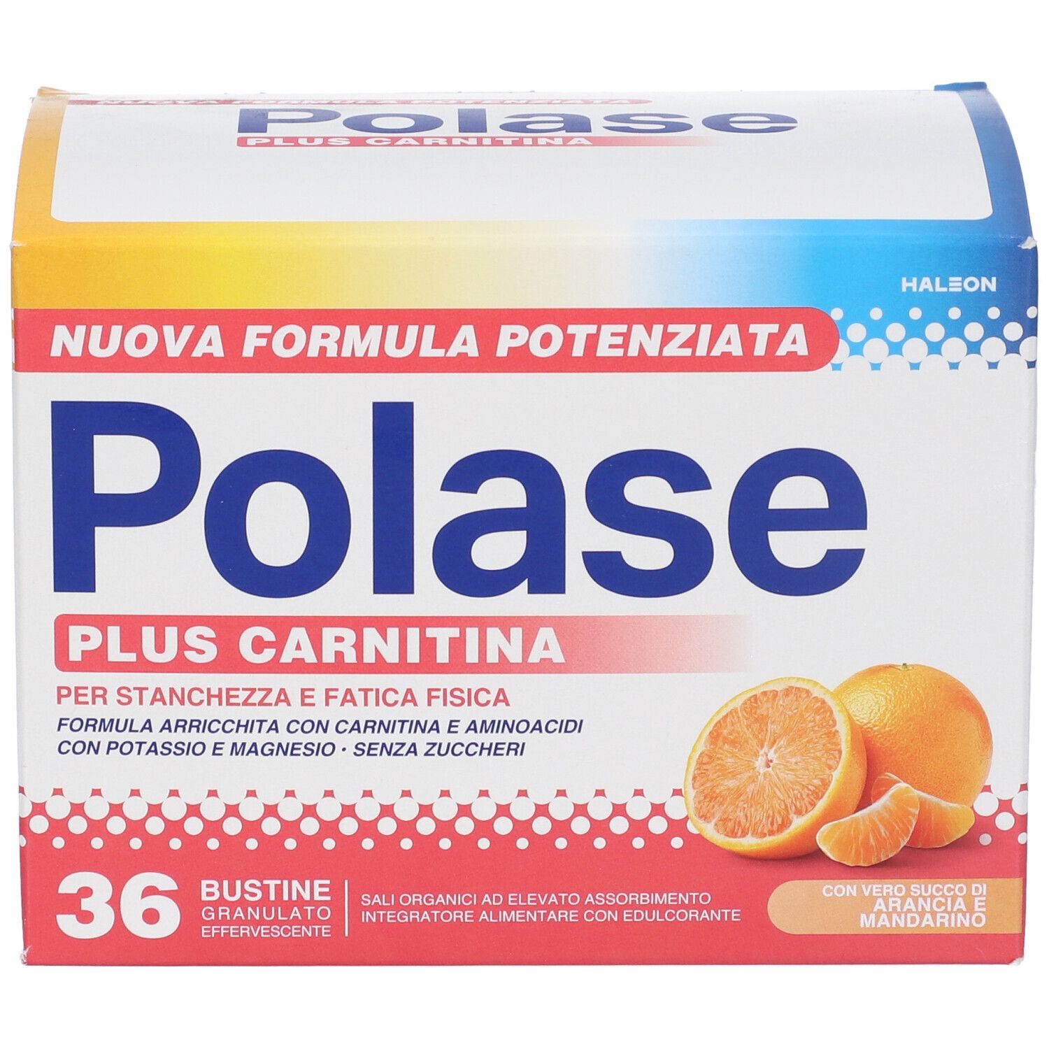 Confezione di Polase Plus Carnitina. 36 bustine. Arance. Testo: Plus Carnitina, per stanchezza e fatica fisica.